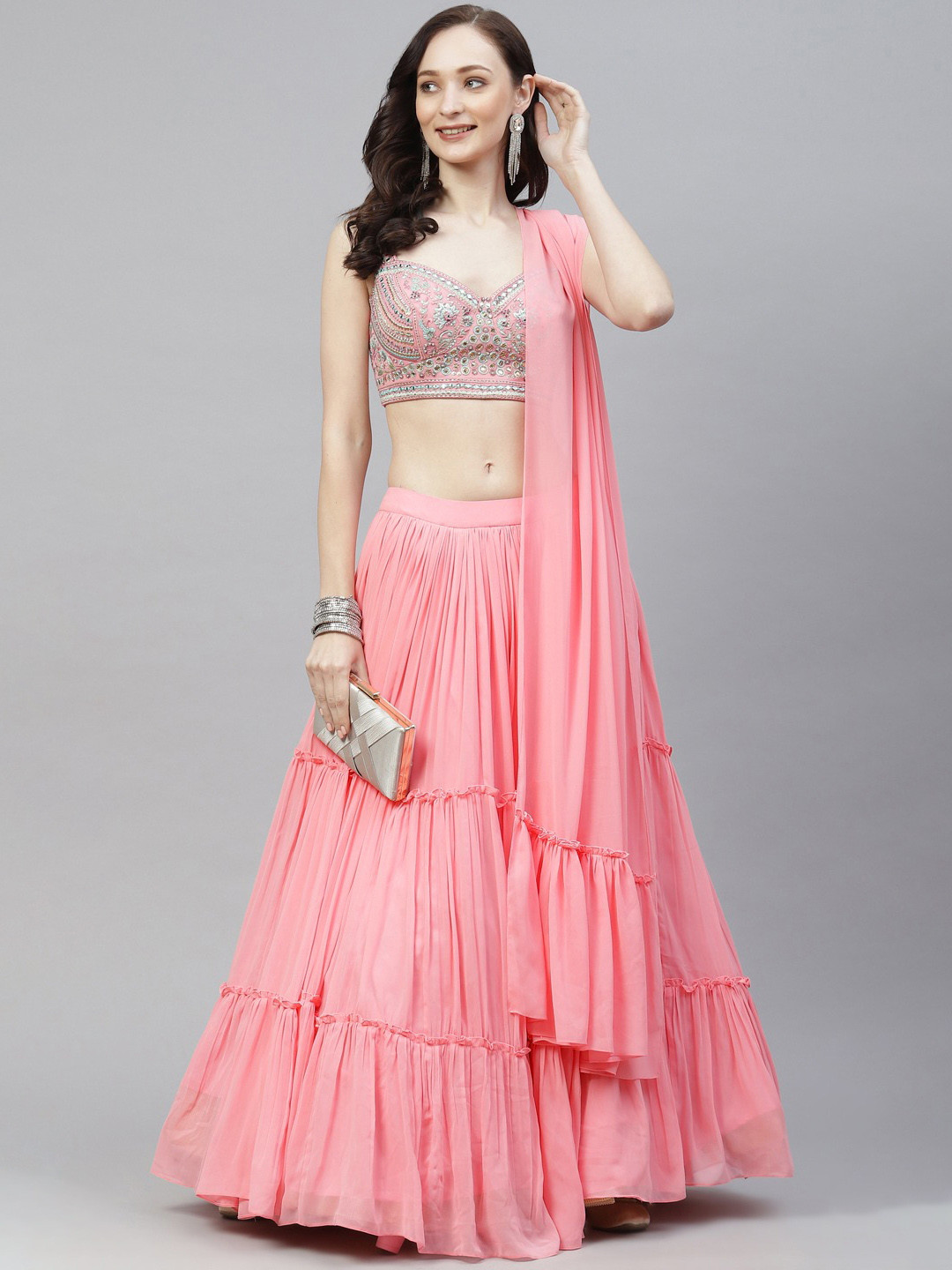

DRESSTIVE Pink & Blue Embellished Mirror Work Semi-Stitched Lehenga & Unstitched Blouse With Dupatta