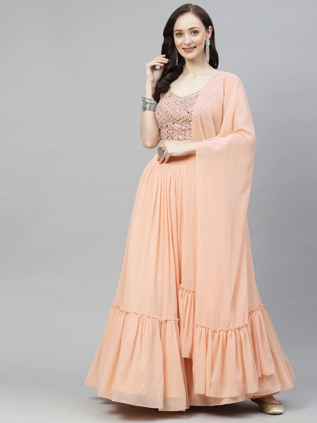 

DRESSTIVE Orange & Blue Embellished Mirror Work Semi-Stitched Lehenga & Unstitched Blouse With Dupatta