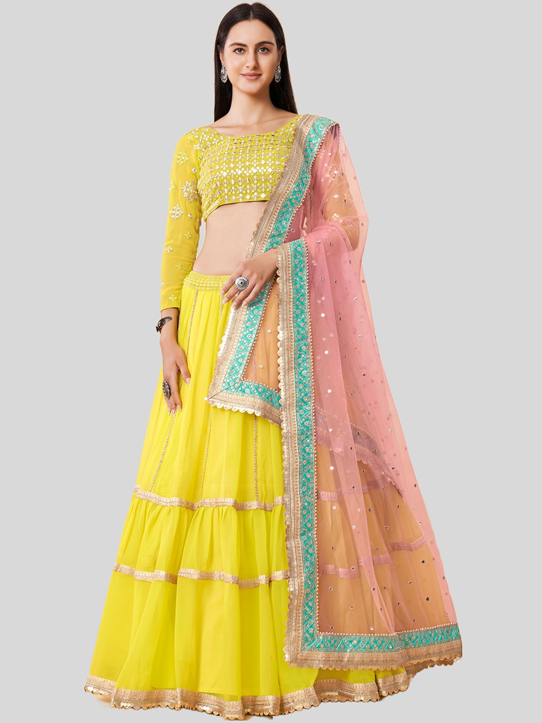 

DRESSTIVE Yellow & Pink Embroidered Semi-Stitched Lehenga & Unstitched Blouse With Dupatta