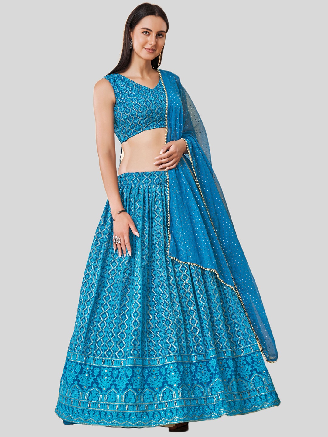 

DRESSTIVE Blue Embroidered Semi Stitched Lehenga And Unstitched Blouse With Dupatta