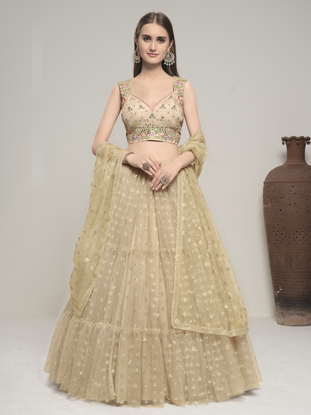 

DRESSTIVE Beige & Blue Embroidered Thread Work Semi-Stitched Lehenga & Unstitched Blouse With Dupatta