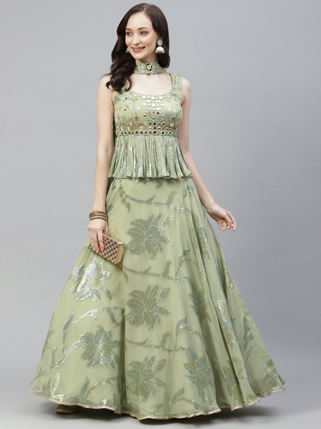DRESSTIVE Green & Gold-Toned Embellished Mirror Work Semi-Stitched Lehenga & Unstitched Blouse With Dupatta