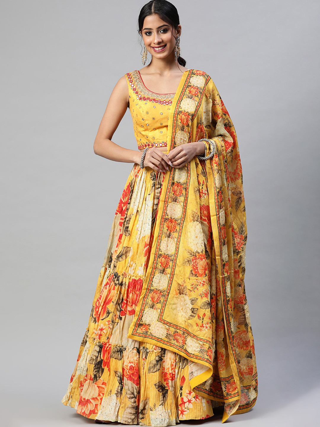 

DRESSTIVE Yellow & Red Embroidered Mirror Work Semi-Stitched Lehenga & Unstitched Blouse With Dupatta