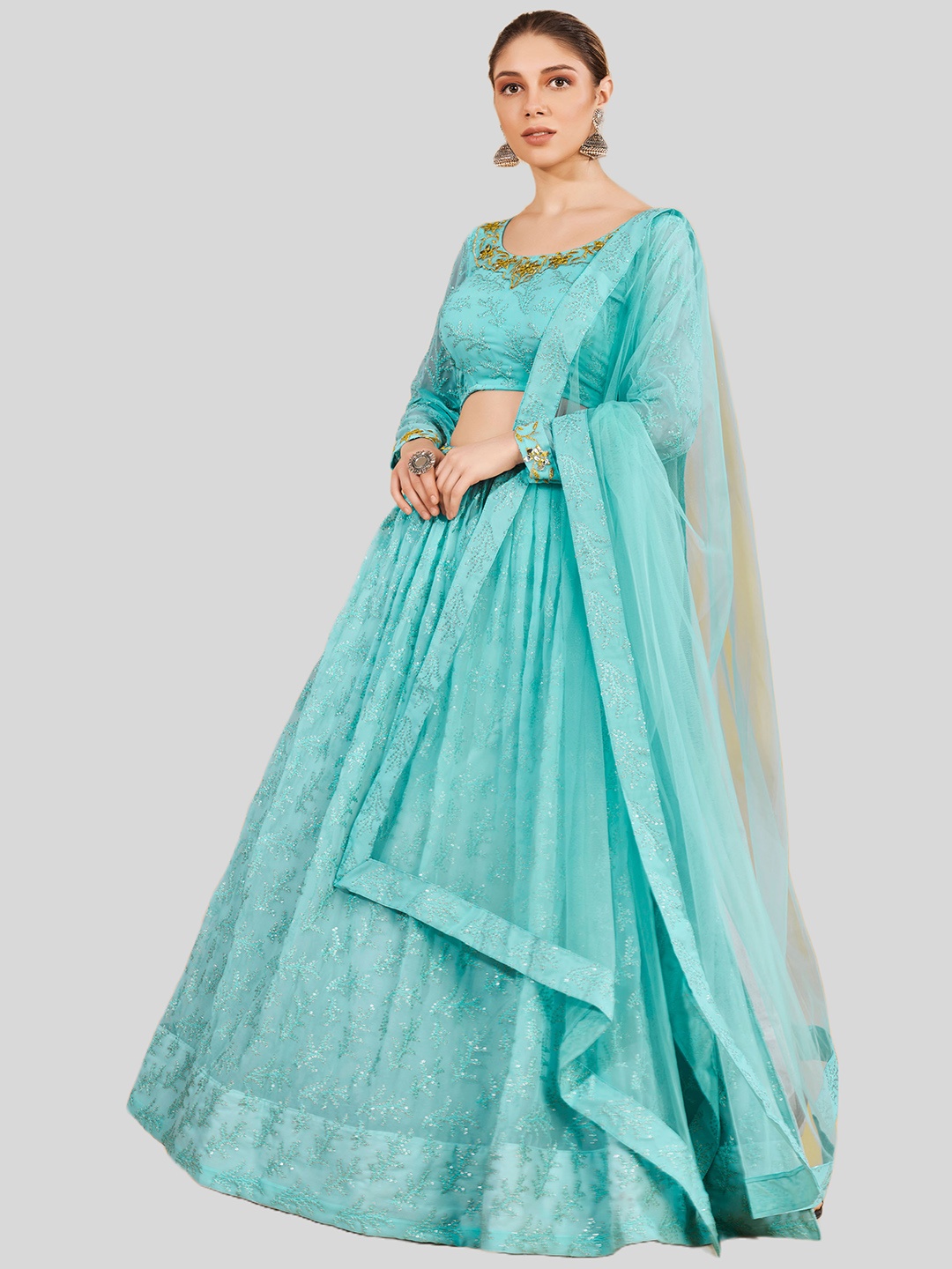 

DRESSTIVE Turquoise Blue Embroidered Thread Work Semi-Stitched Lehenga & Unstitched Blouse With Dupatta