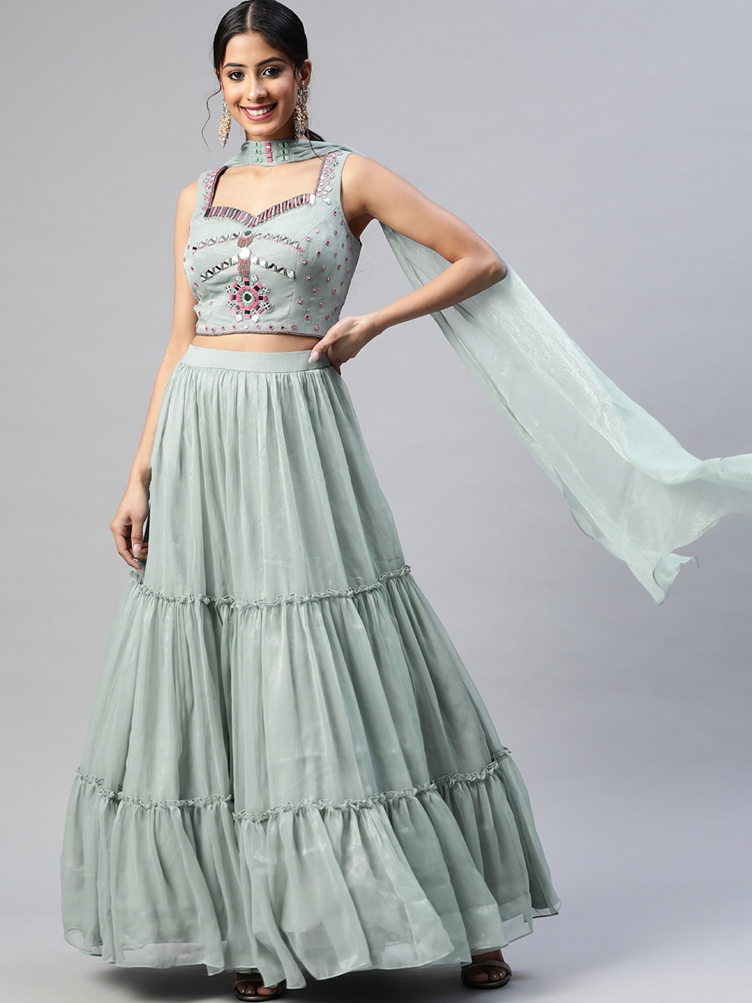 

DRESSTIVE Grey & Pink Embellished Mirror Work Semi-Stitched Lehenga & Unstitched Blouse With Dupatta