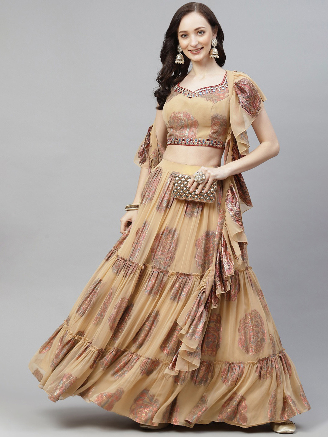

DRESSTIVE Women Beige & Copper Semi-Stitched Lehenga & Unstitched Blouse With Dupatta