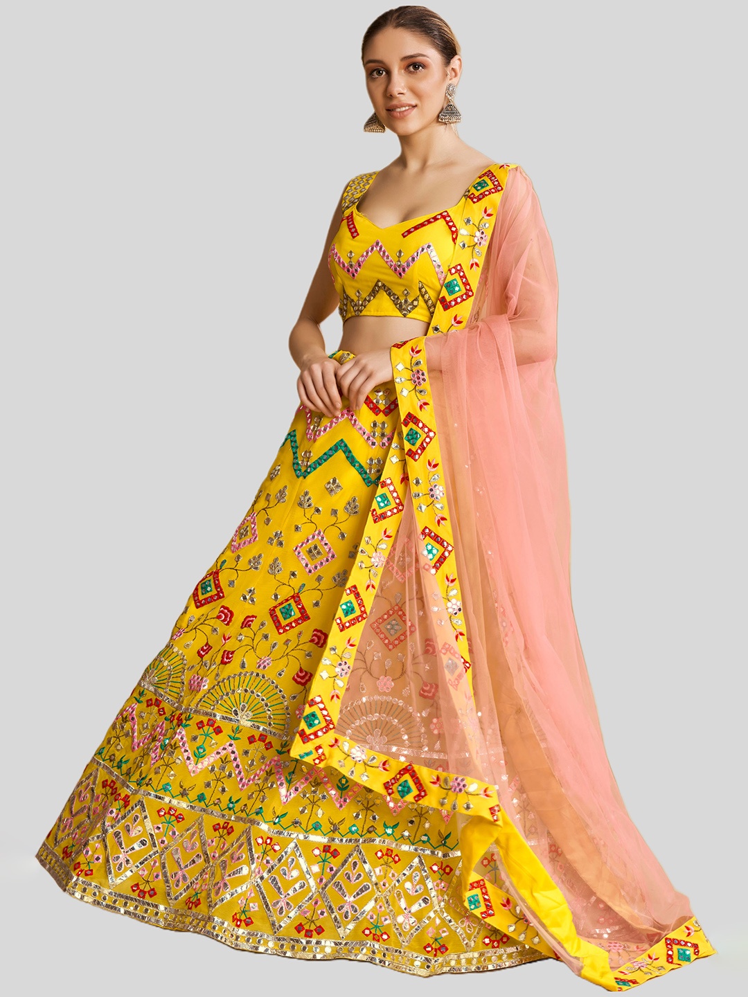 

DRESSTIVE Mustard & Red Embroidered Thread Work Semi-Stitched Lehenga & Unstitched Blouse With Dupatta