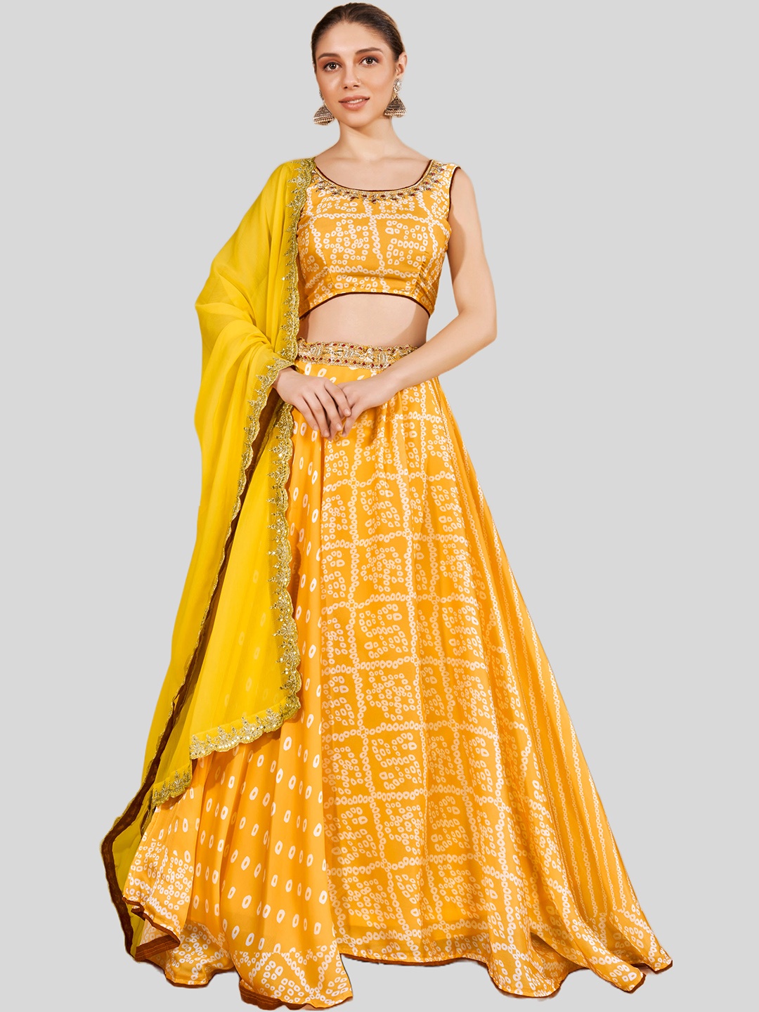 

DRESSTIVE Mustard & White Printed Semi-Stitched Lehenga & Unstitched Blouse With Dupatta