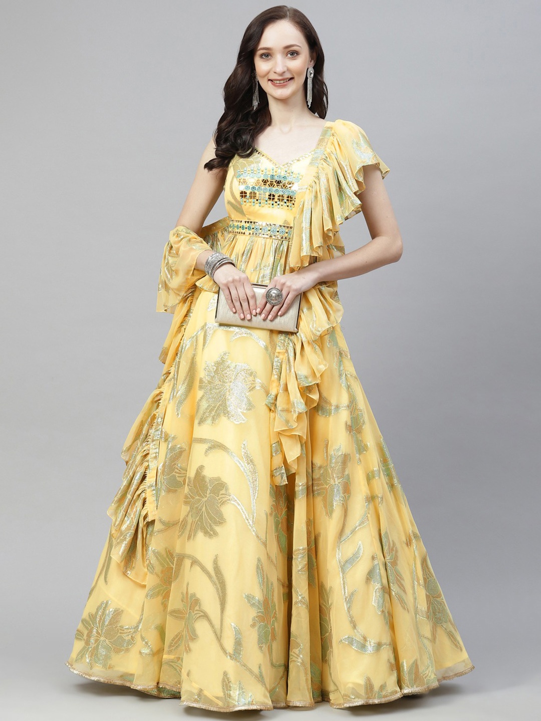 

DRESSTIVE Yellow & Gold-Toned Mirror Work Semi-Stitched Lehenga & Unstitched Blouse With Dupatta