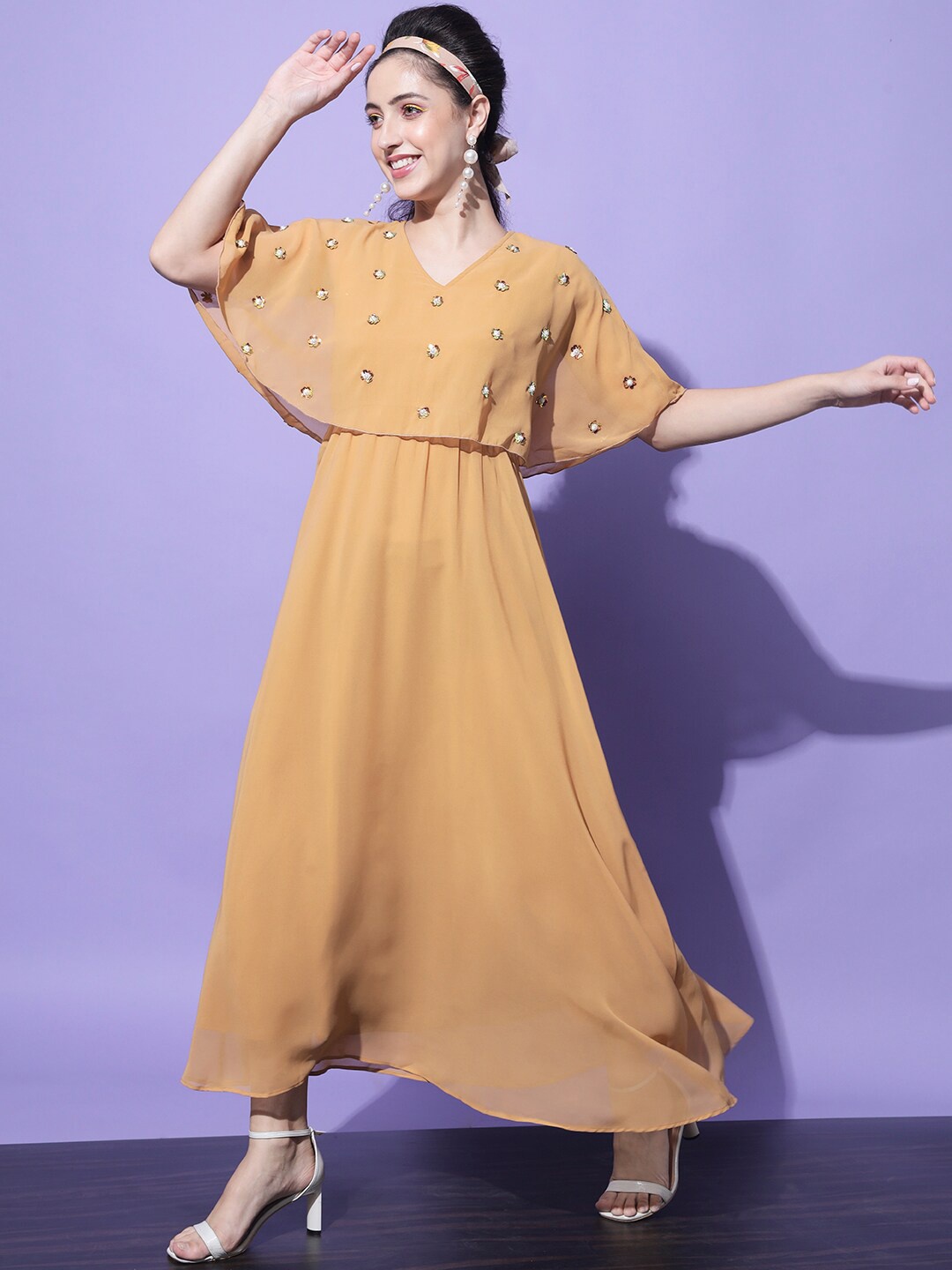 

Slenor Yellow Georgette Embellished Cape A-Line Maxi Dress