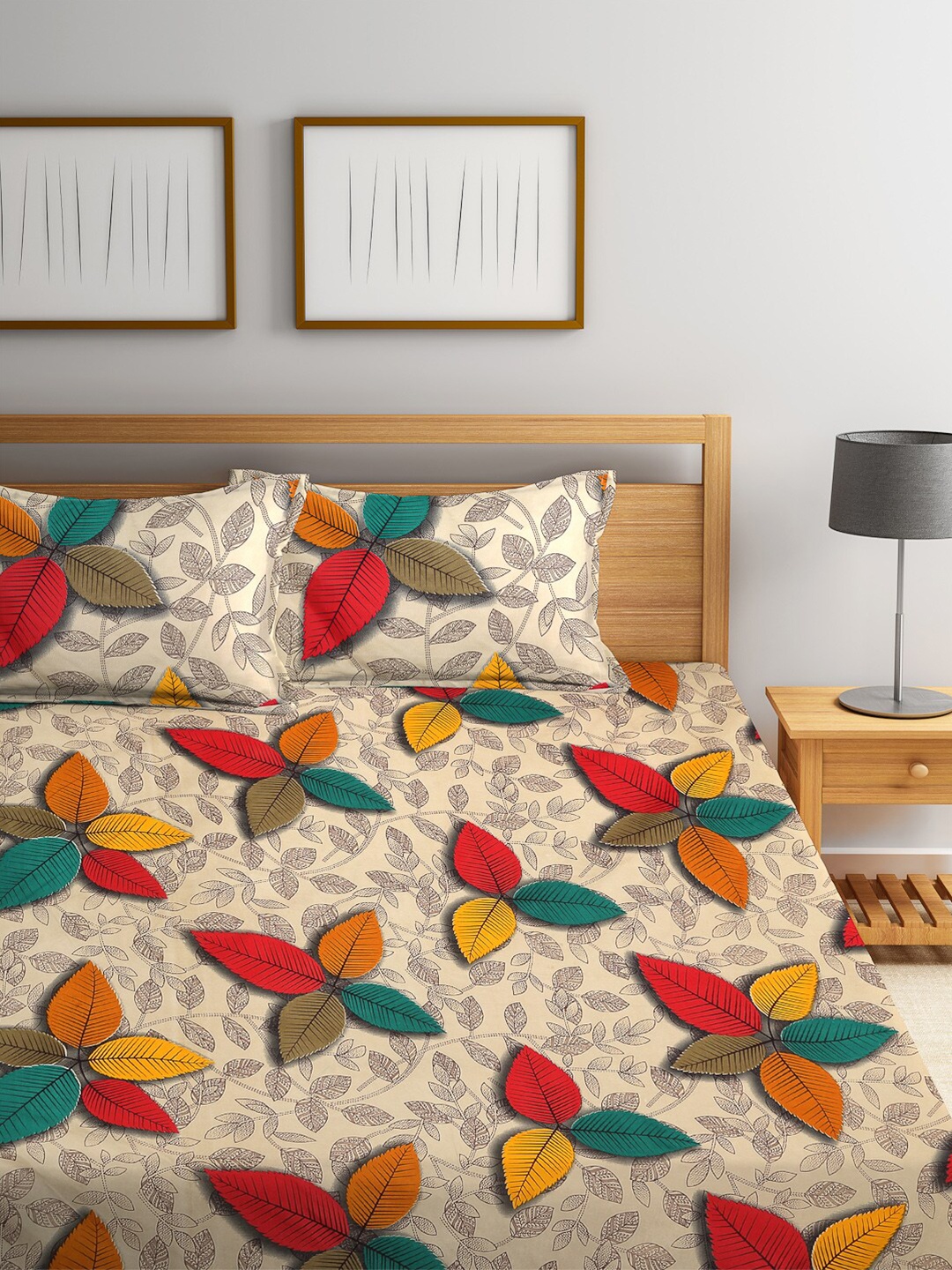 Home Sizzler Cream-Coloured & Yellow Floral 144 TC Queen Bedsheet with 2 Pillow Covers