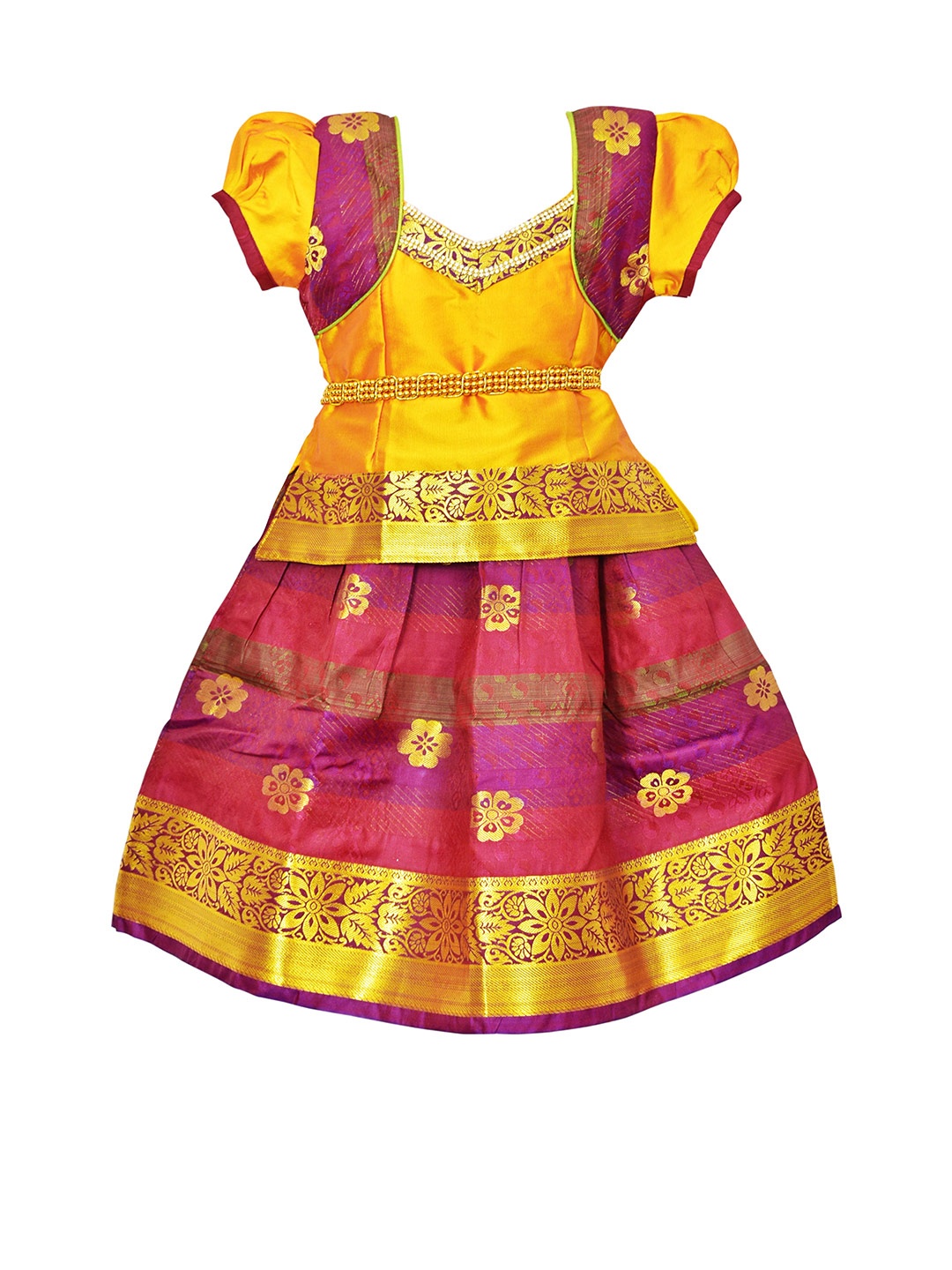 

AMIRTHA FASHION Girls Gold-Toned & Red Uppada Silk Ready to Wear Lehenga Choli