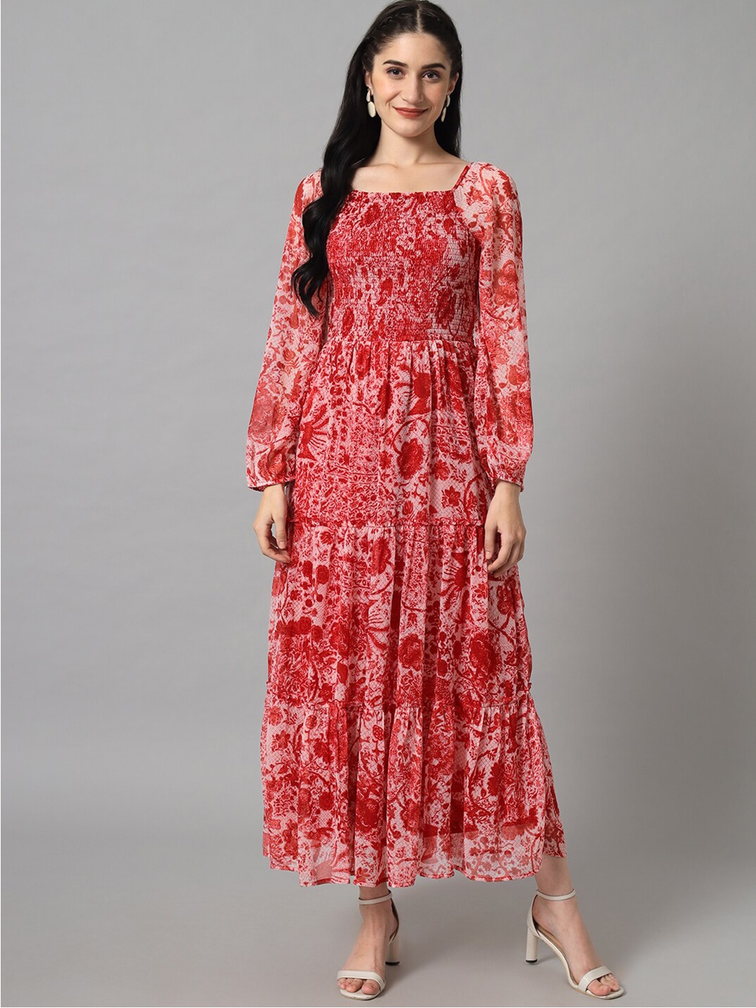 

The Vanca Red Floral Empire Maxi Dress