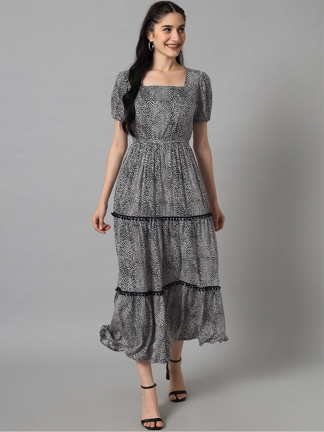 

The Vanca Women Black & White Animal Printed Fit and Flare Dress