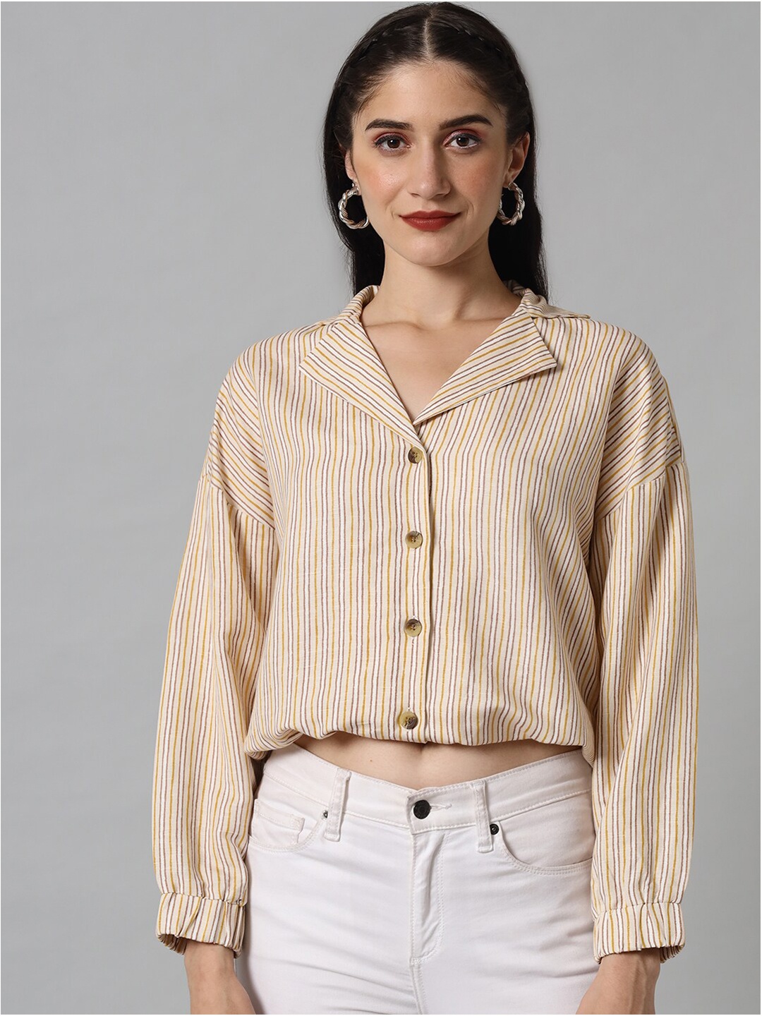

The Vanca Women Beige Classic Striped Linen Casual Shirt