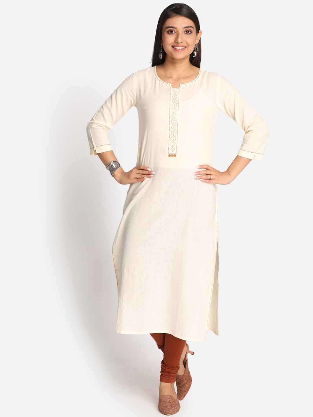 

Earthwear Women Cream Thread Work Kurta