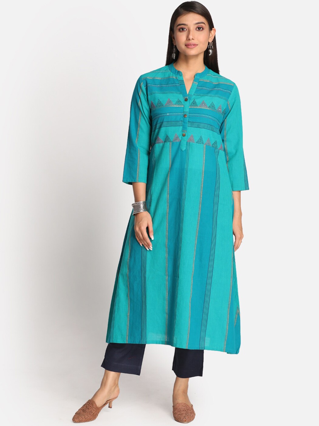 

Earthwear Women Turquoise Blue Geometric Printed Thread Work A-Line Cotton Kurta