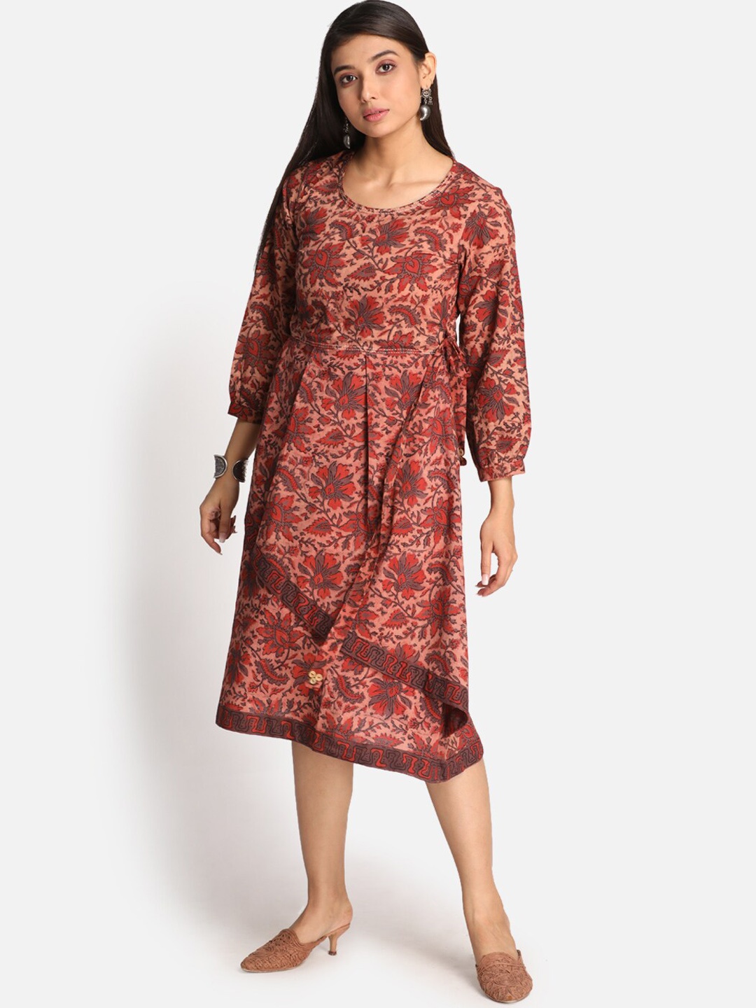 

Earthwear Women Rust Floral Printed A-Line Layered Ethnic Dress