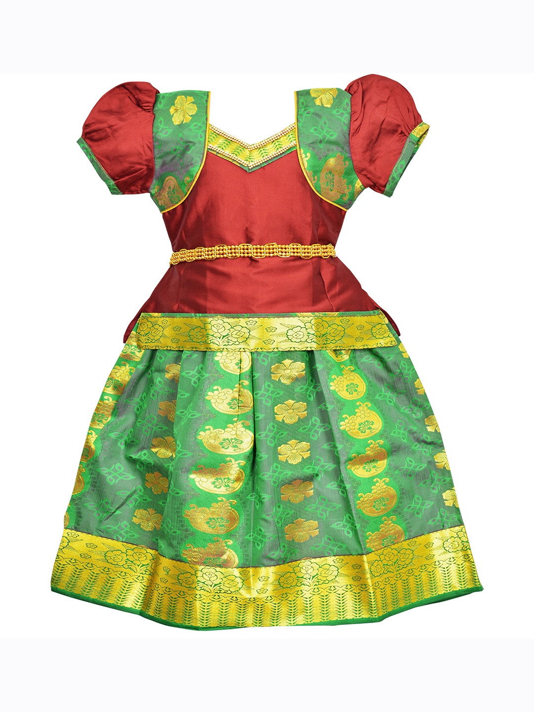 

AMIRTHA FASHION Girls Maroon & Green Embellished Ready to Wear Lehenga &