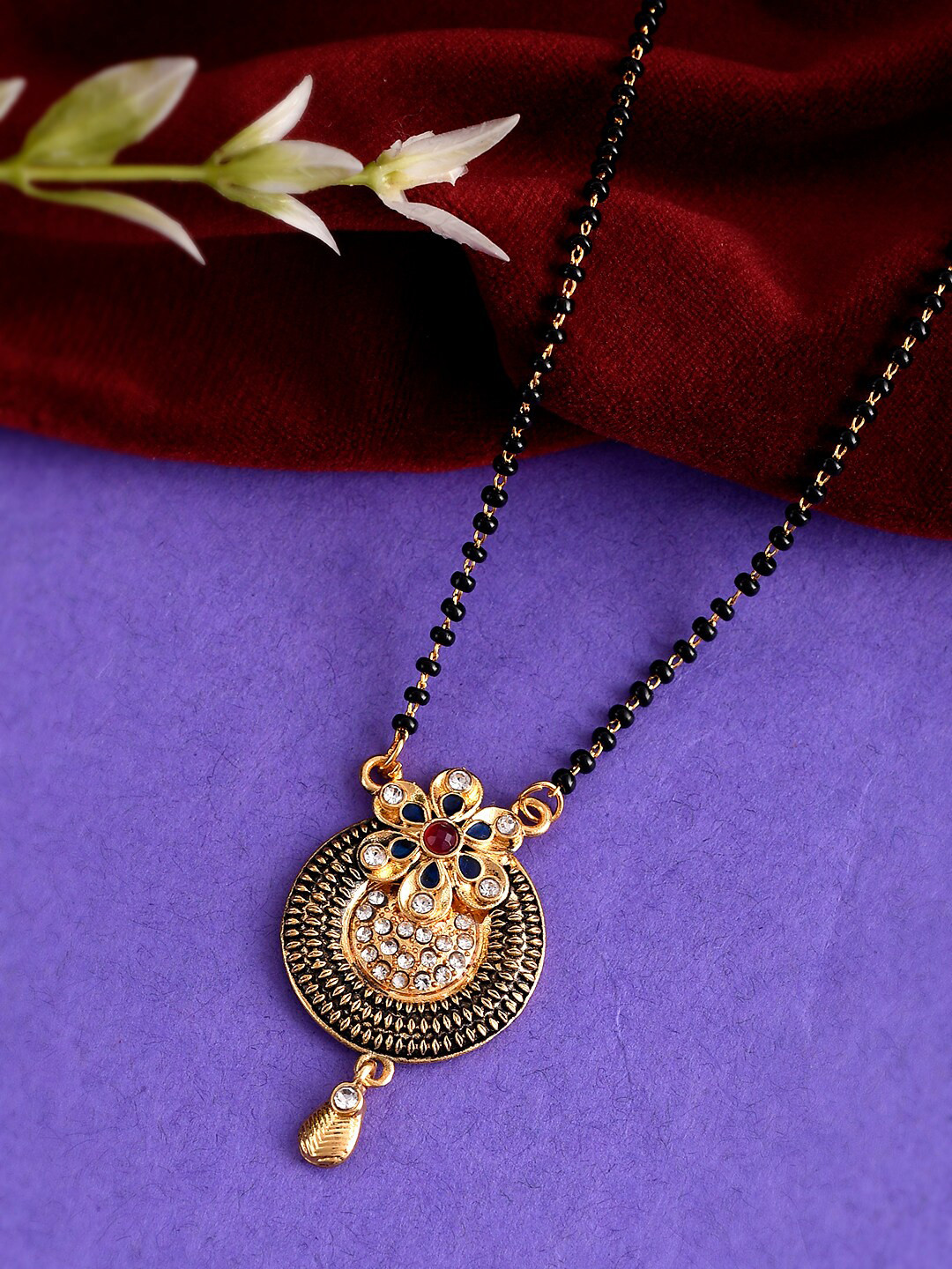 

Silvermerc Designs Gold-Plated White & Black Stone-Studded & Beaded Mangalsutra