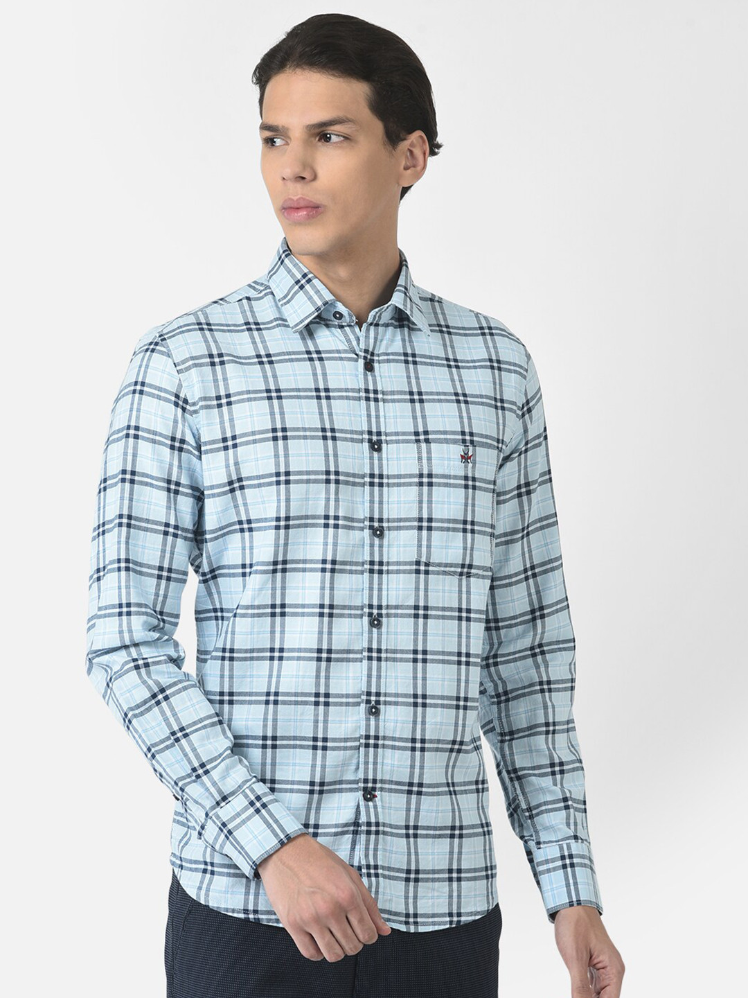 

Crimsoune Club Men Plus Size Blue Slim Fit Tartan Checked Pure Cotton Casual Shirt