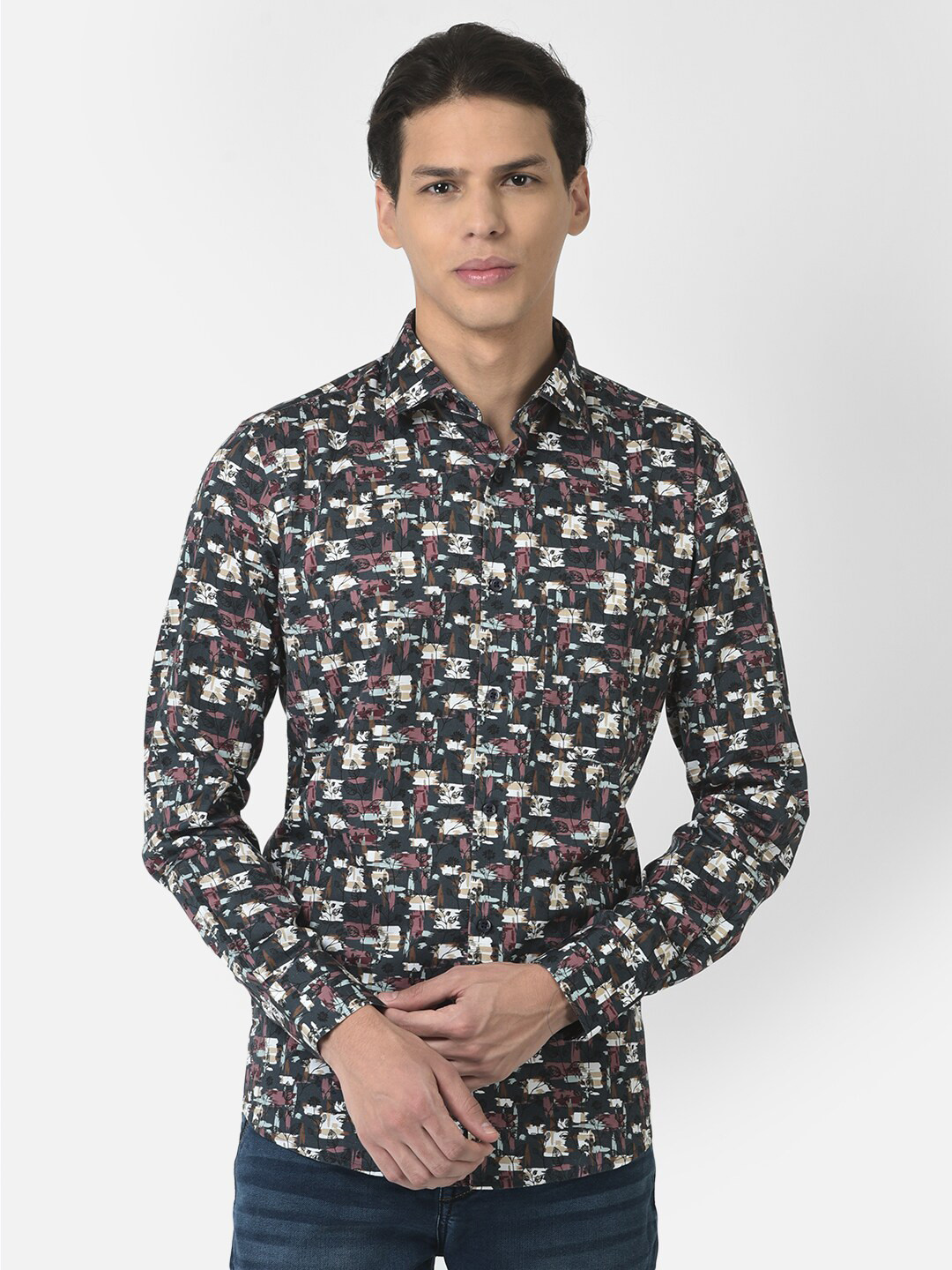 

Crimsoune Club Men Grey Slim Fit Floral Printed Casual Shirt