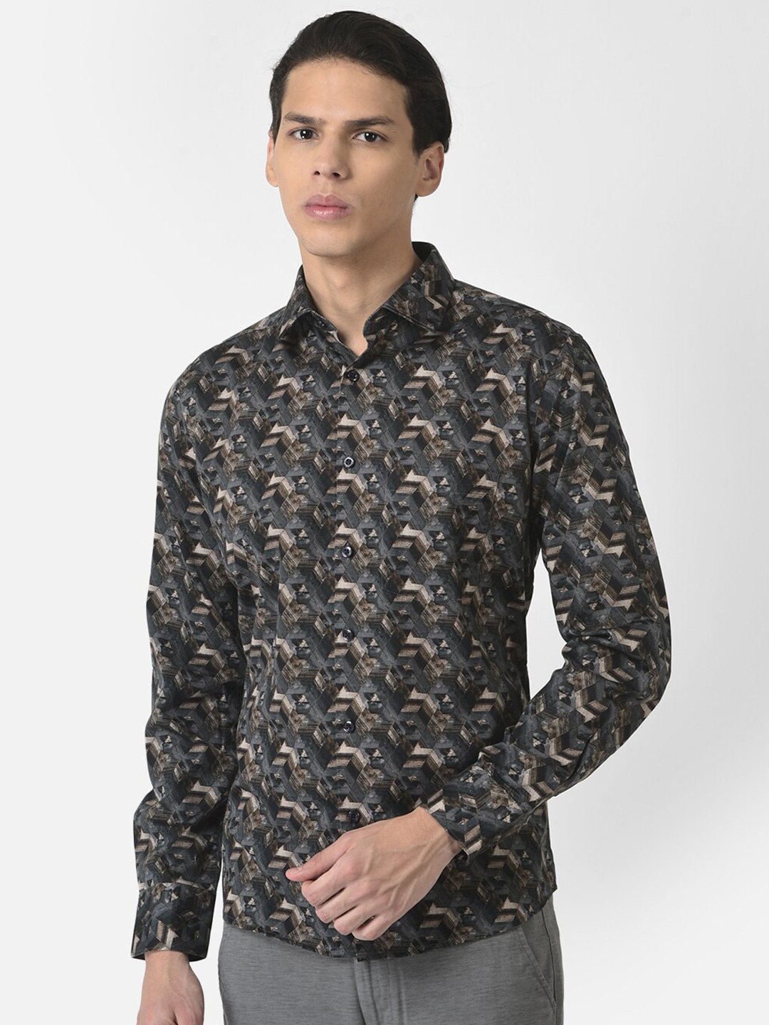 

Crimsoune Club Men Grey Slim Fit Printed Casual Cotton Shirt