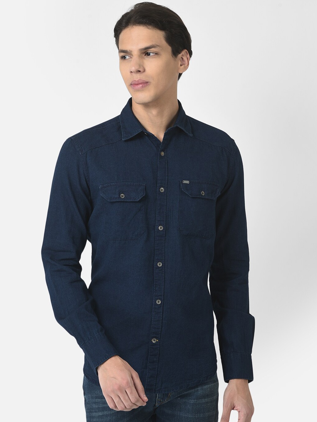 Crimsoune Club Men Navy Blue Slim Fit Cotton Casual Shirt