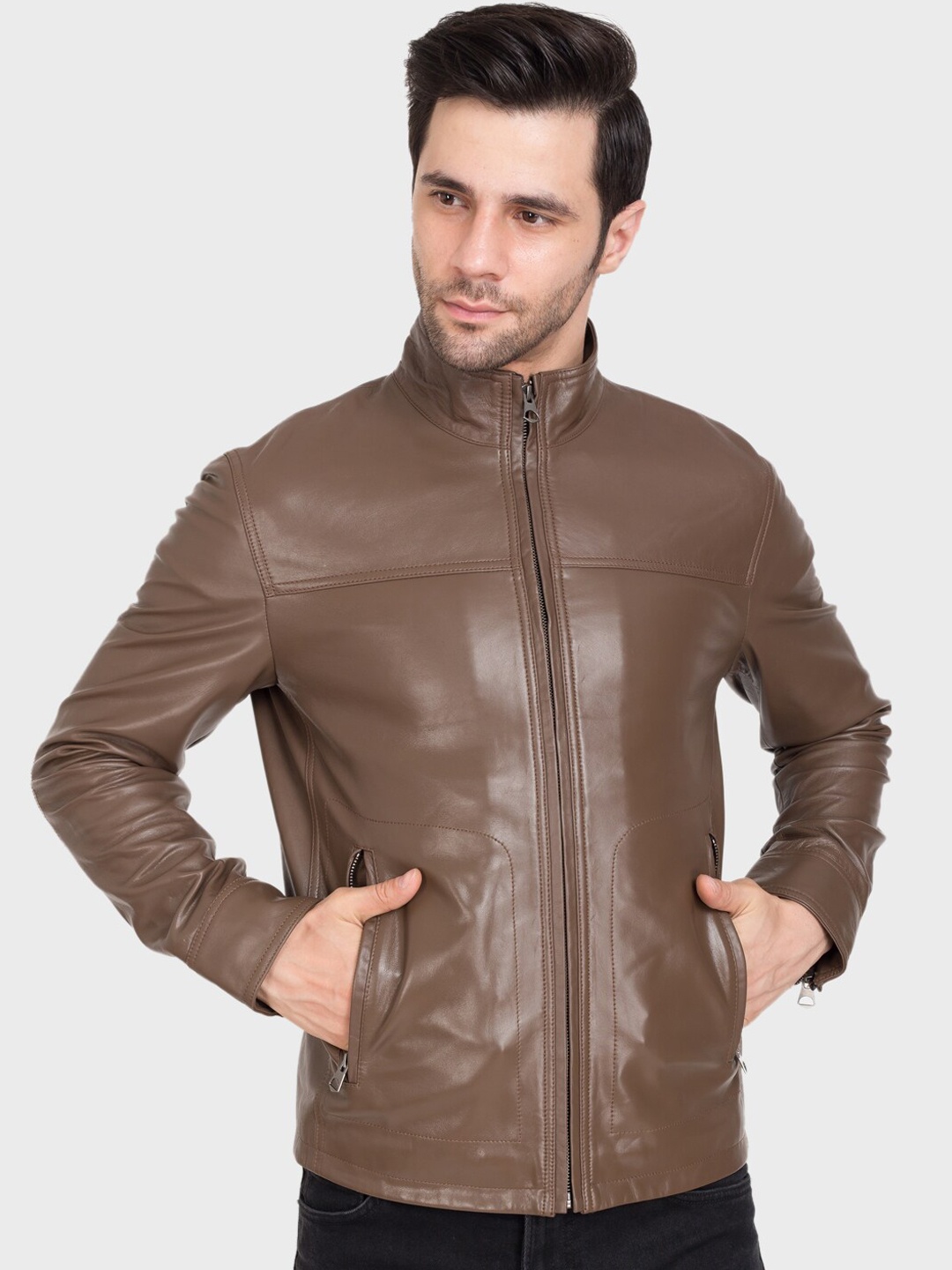 

Justanned Men Brown Solid Leather Lightweight Biker Jacket