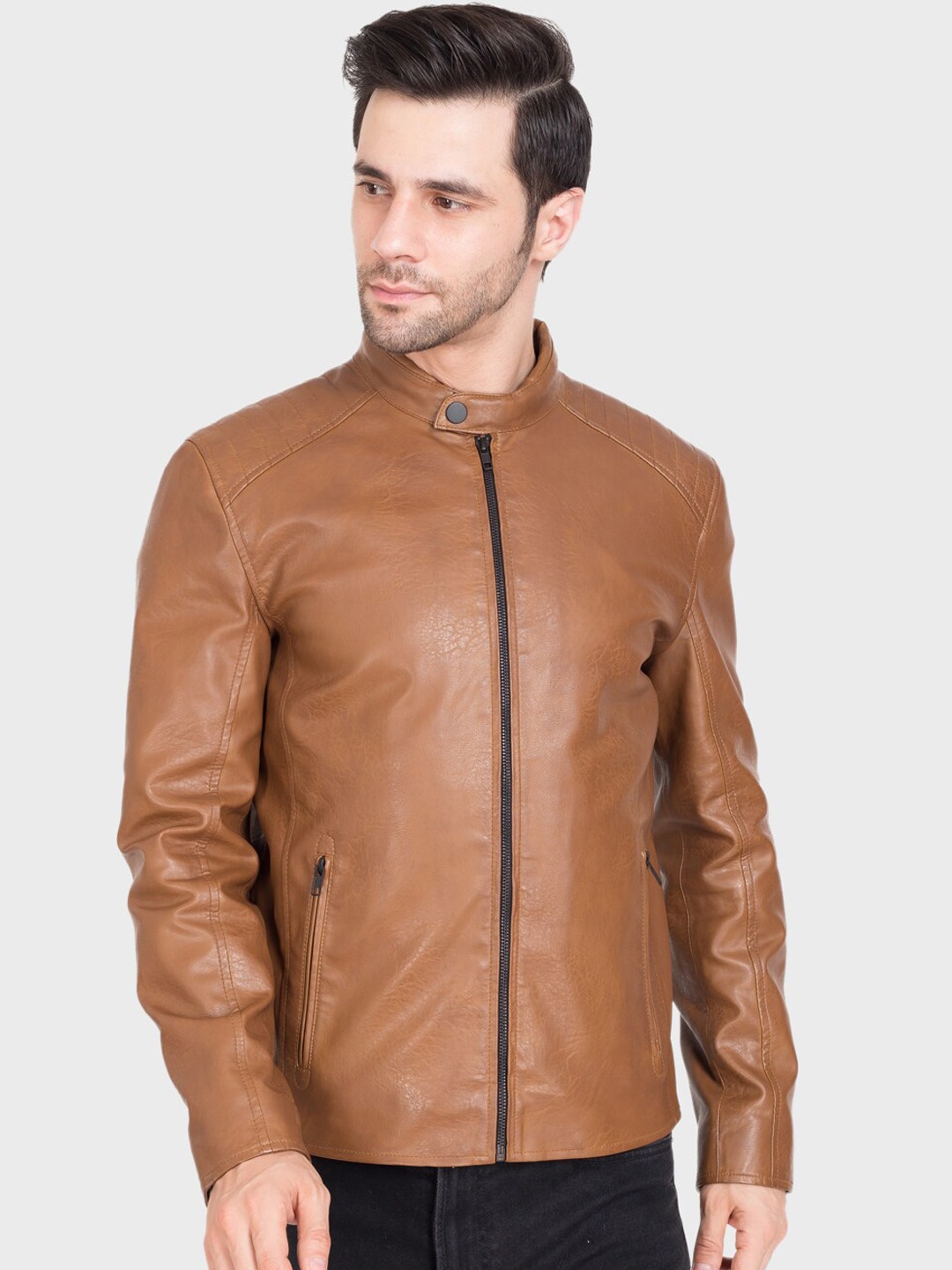 

Justanned Faux Leather Lightweight Biker Jacket, Tan