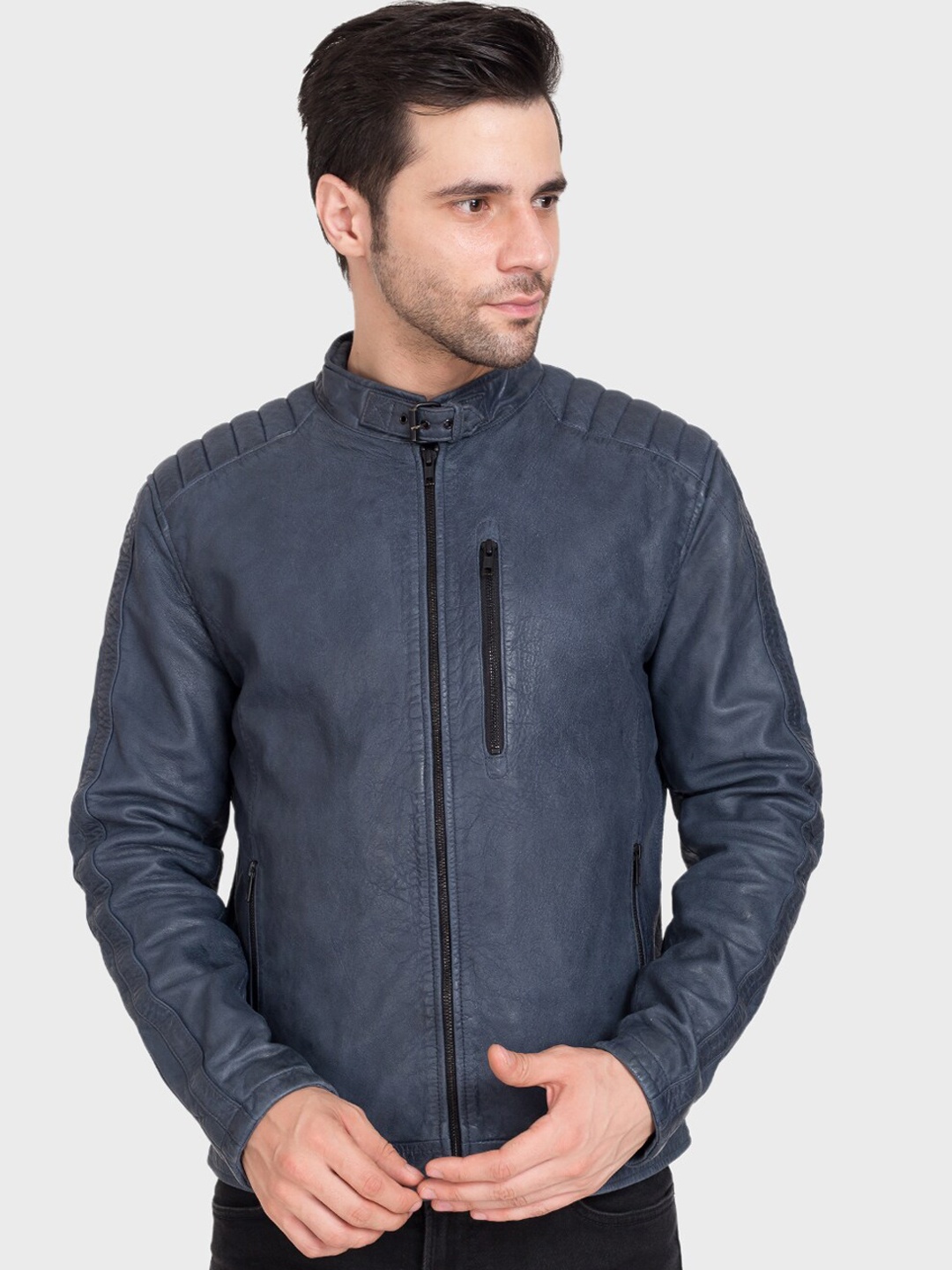 

Justanned Men Blue Leather Lightweight Biker Jacket