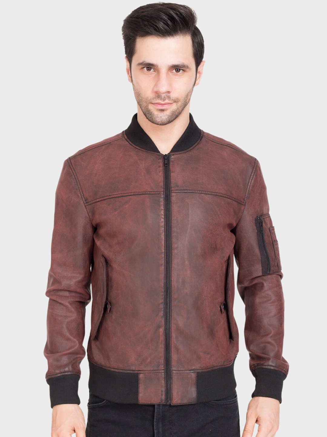 

Justanned Men Red Black Leather Lightweight Bomber Jacket