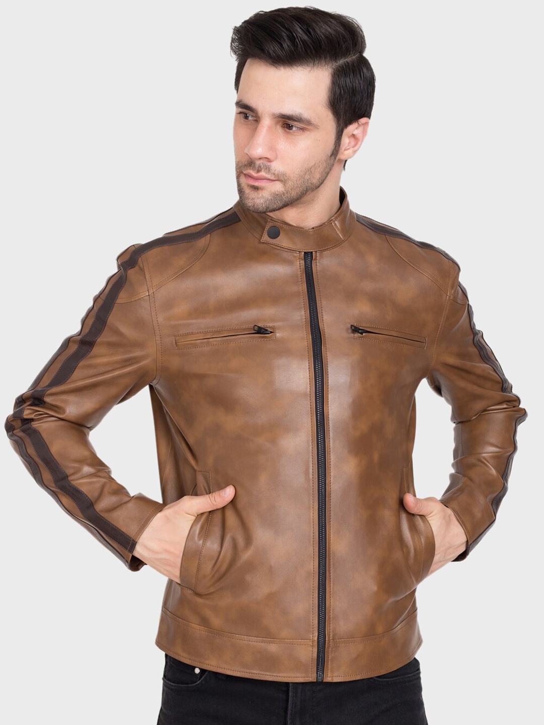 

Justanned Men Brown Faux Leather Lightweight Biker Jacket