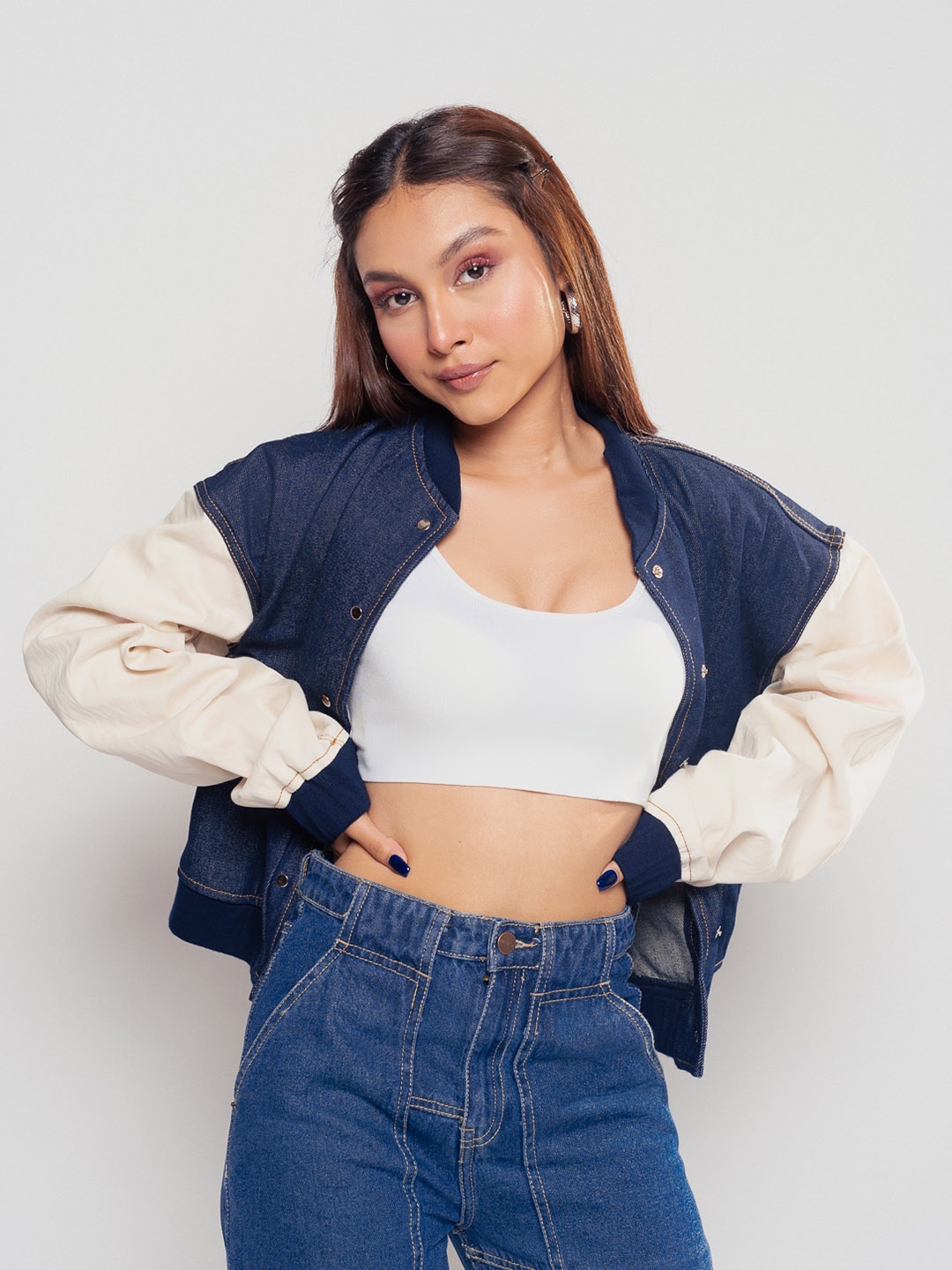 

FREAKINS Women Blue Cream-Coloured Colourblocked Pure Cotton Denim Jacket
