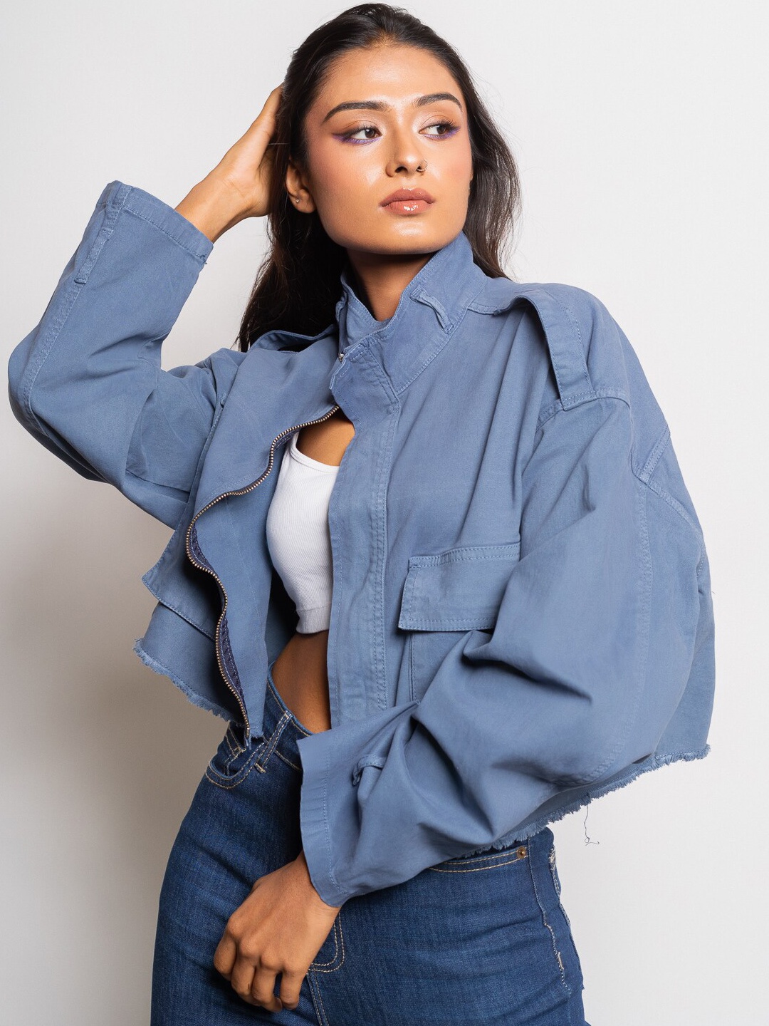 

FREAKINS Women Blue Pure Cotton Crop Tailored Jacket