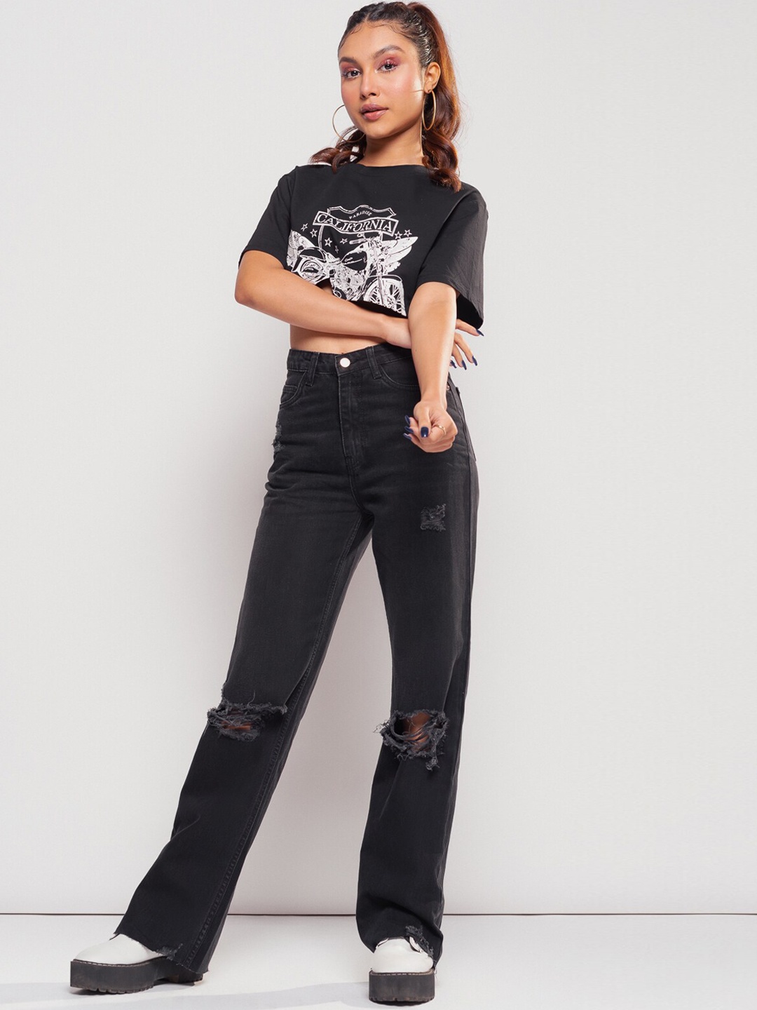 

FREAKINS Women Black Straight Fit High-Rise Mildly Distressed Jeans