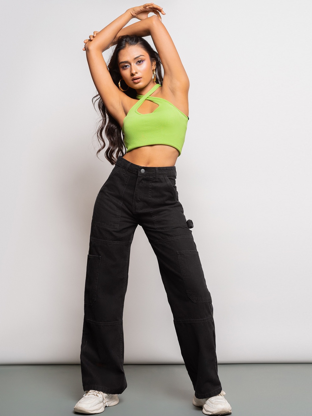 

FREAKINS Women Black Wide Leg High-Rise Cotton Cargo Jeans