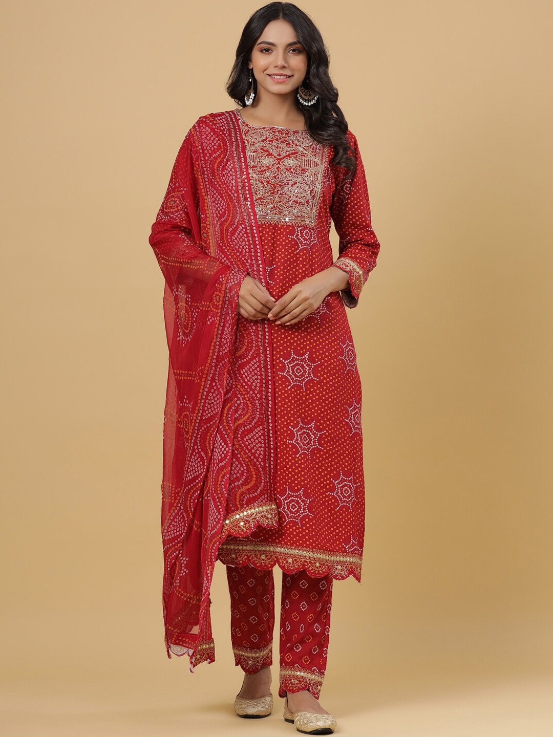

Juniper Women Maroon Bandhani Printed Straight Kurta with Trousers & With Dupatta