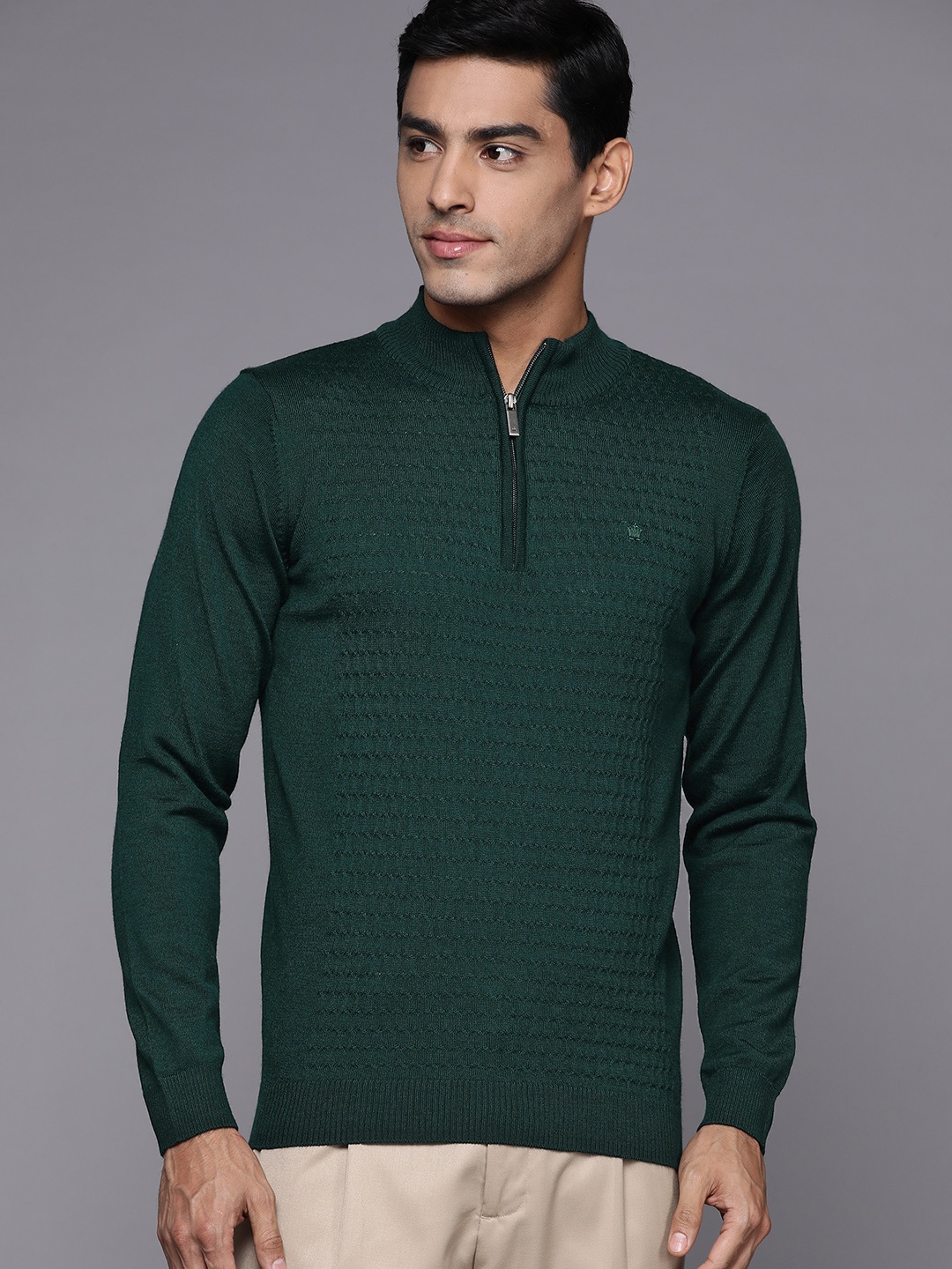 

Louis Philippe Men Green Self-Design Pullover