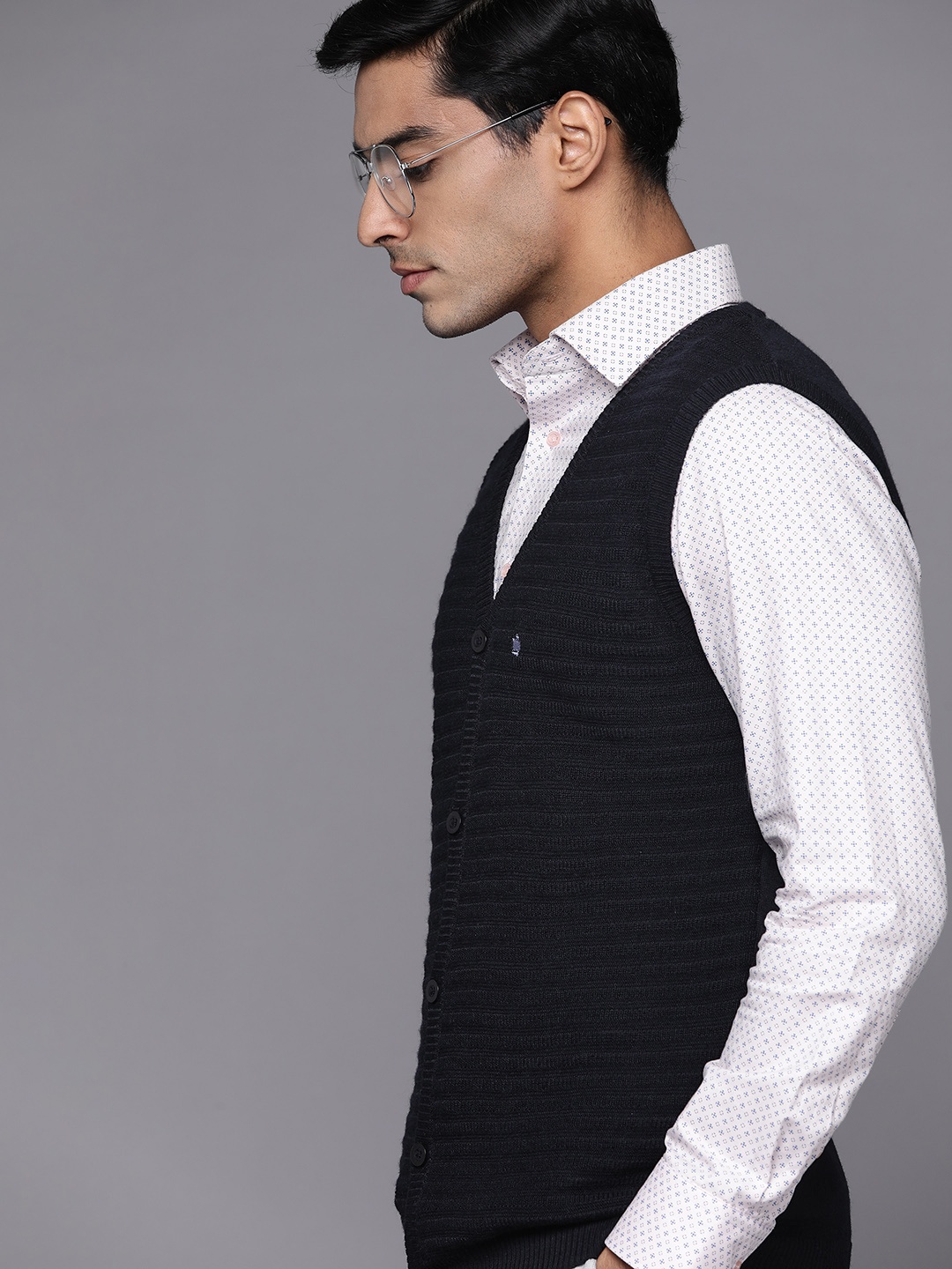 

Louis Philippe Men Navy Blue Self-Striped Cardigan