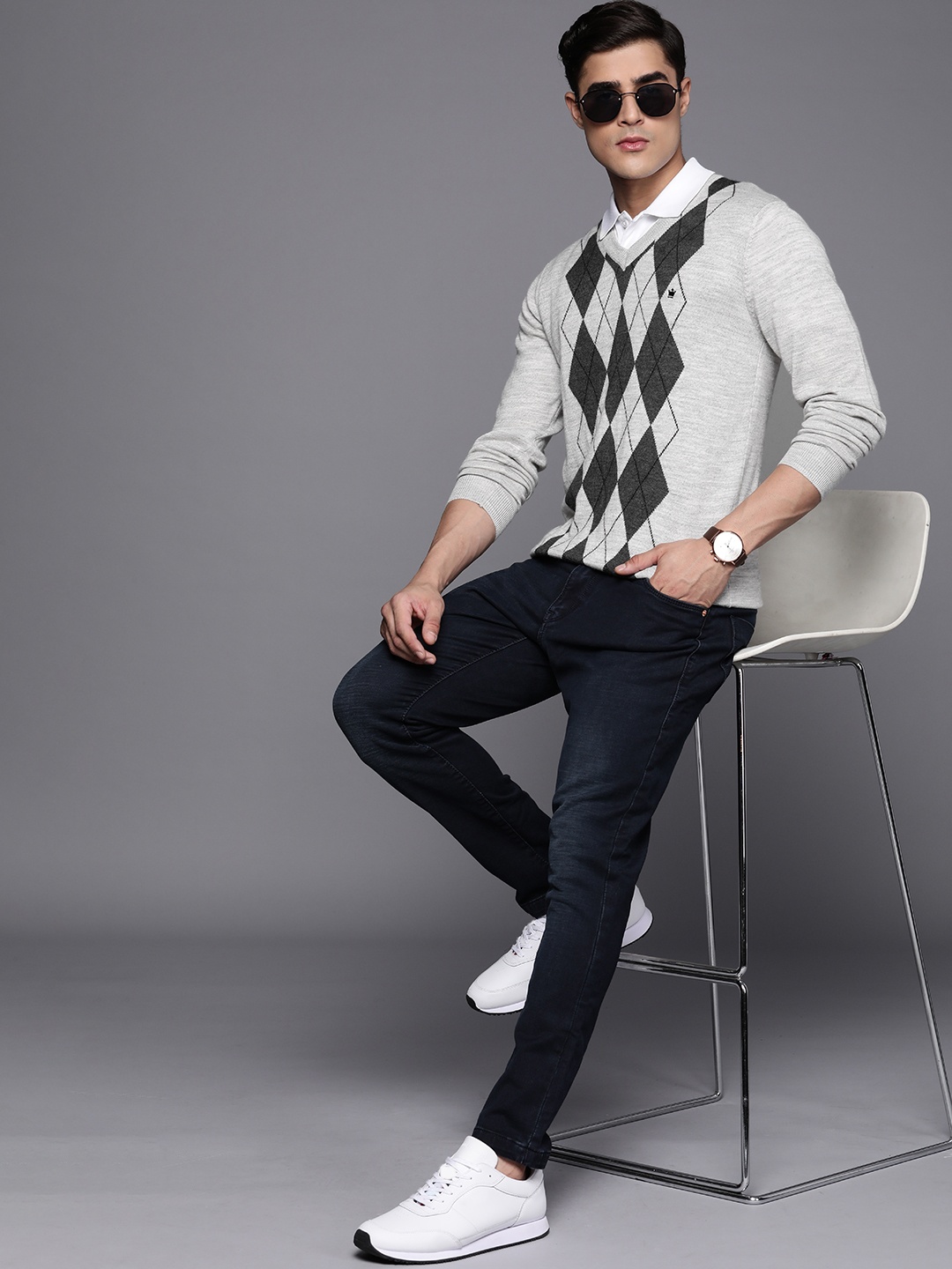 

Louis Philippe Men Grey Melange & Black Argyle Design Pullover