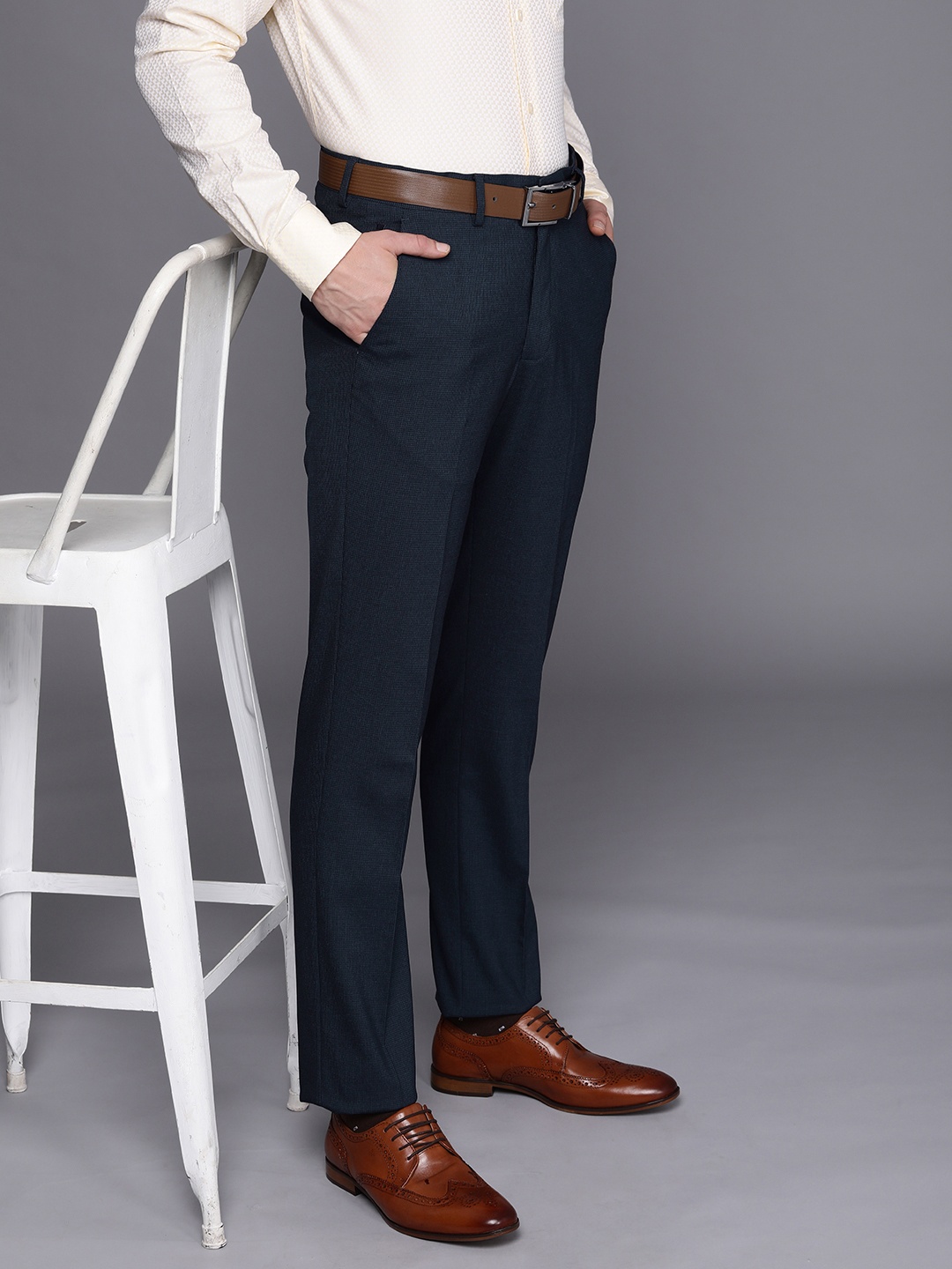 

Louis Philippe Men Navy Blue Solid Slim Fit Trousers