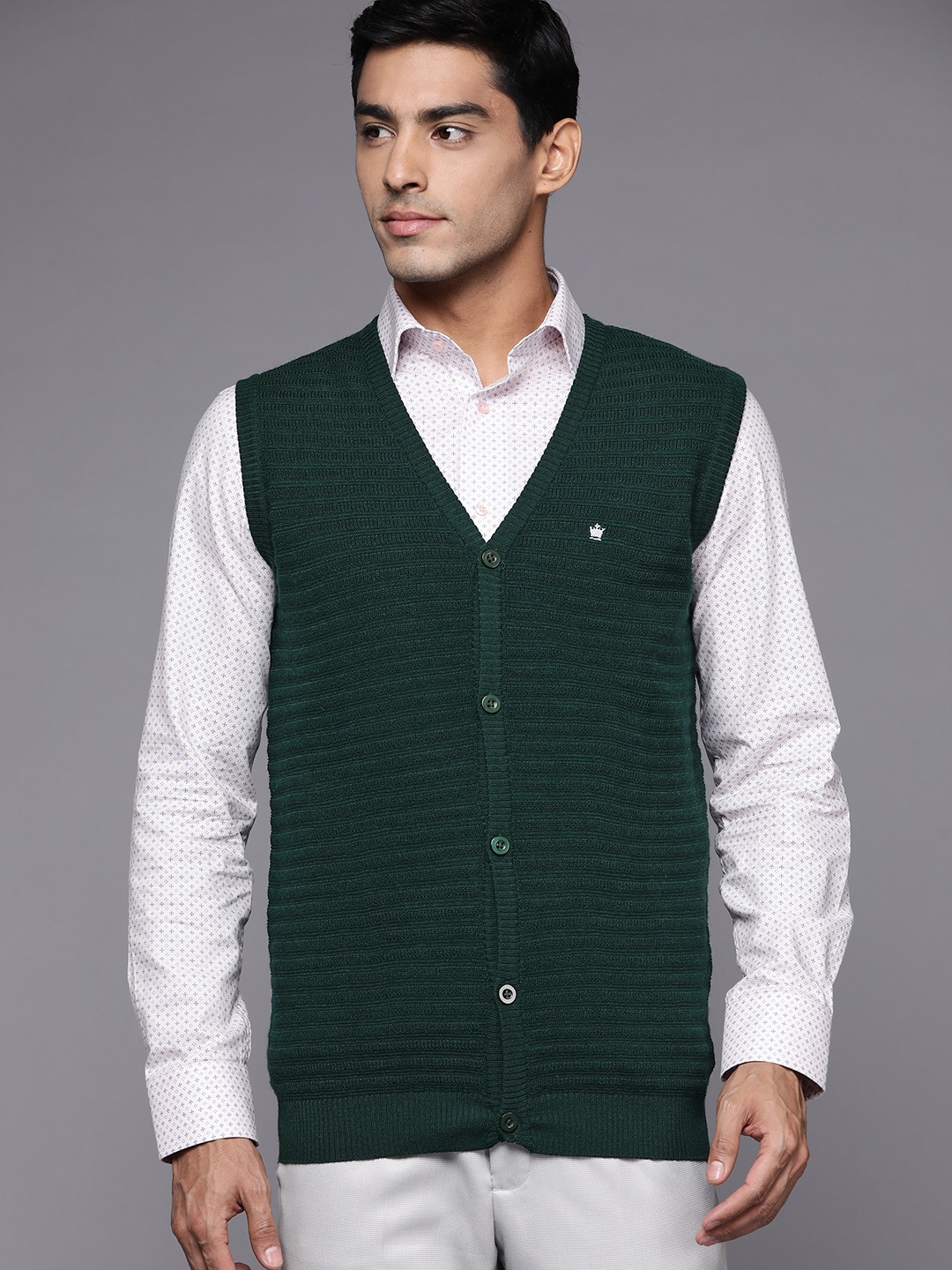 

Louis Philippe Men Green Self-Striped Cardigan