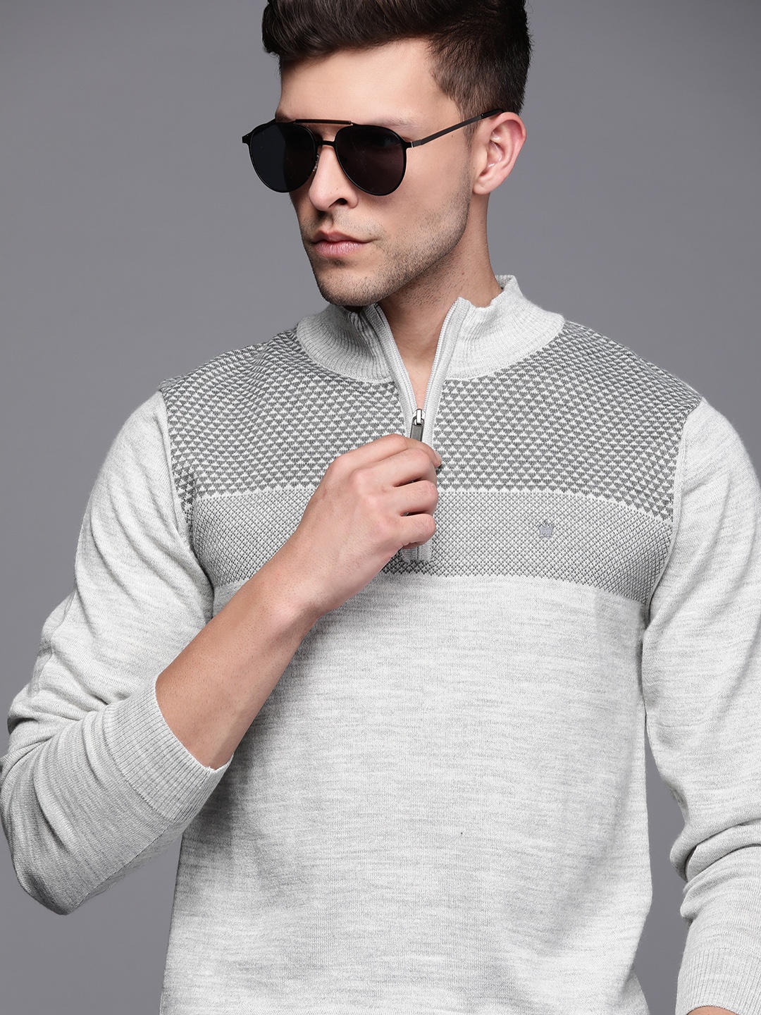 

Louis Philippe Men Grey Melange Geometric Design Pullover