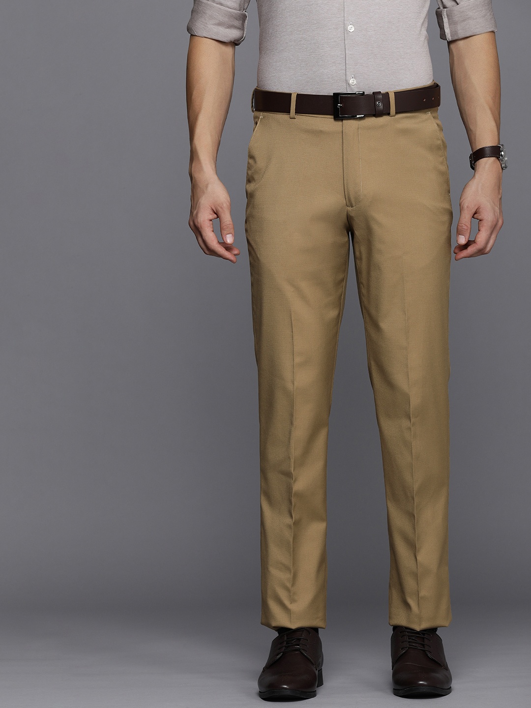 

Louis Philippe Men Khaki Mid-Rise Textured Slim Fit Trousers