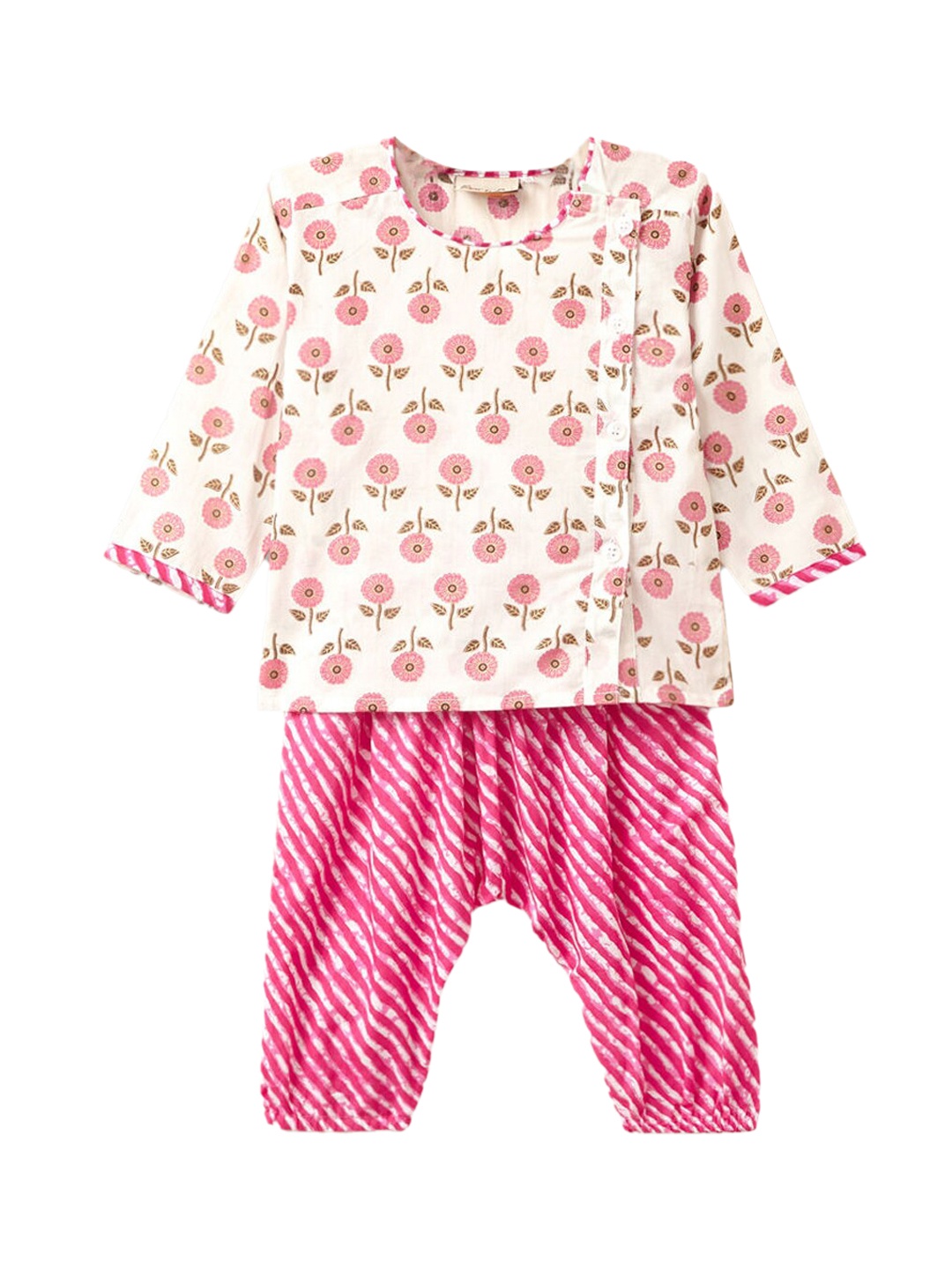 

Hopscotch Boys Pink Floral Printed Pure Cotton Kurta with Pyjamas