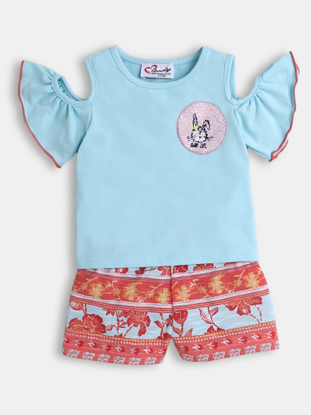 

Hopscotch Girls Blue & Pink Embellished Pure Cotton Top with Shorts