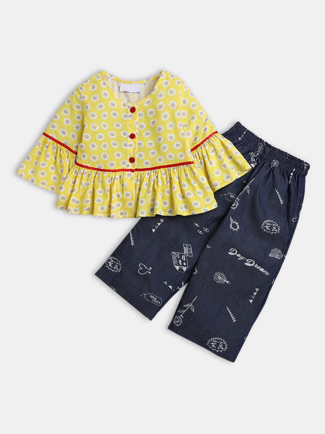 

Hopscotch Girls Yellow & Blue Printed Top with Trousers
