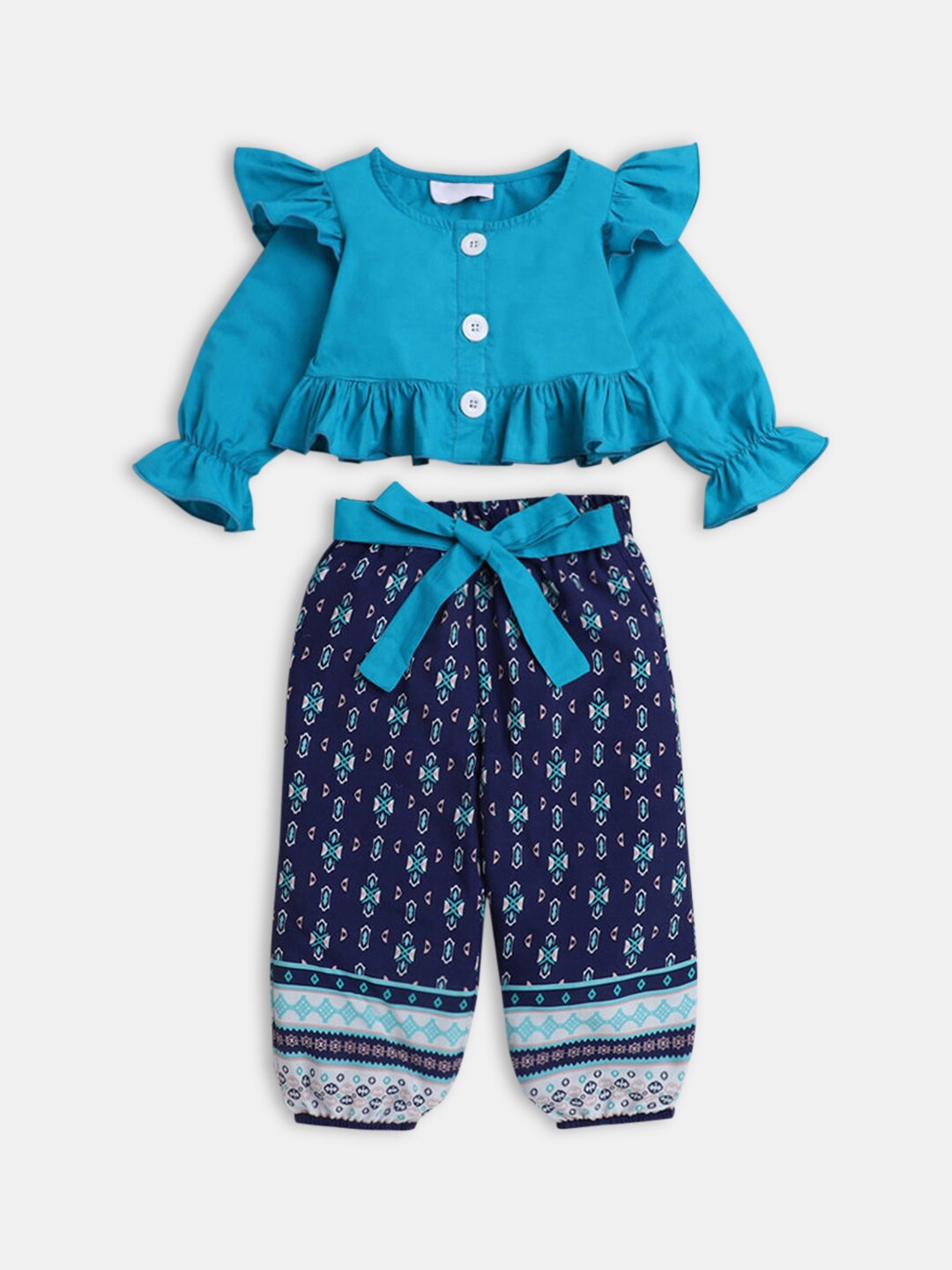 

Hopscotch Girls Blue & Off White Printed Top with Trousers