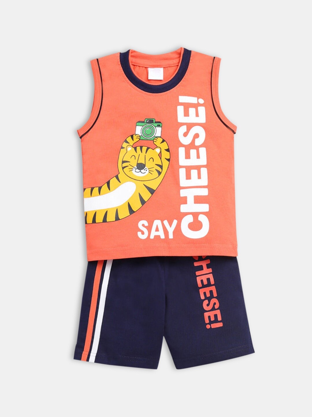 

Hopscotch Boys Peach-Coloured & Navy Blue Printed T-shirt with Shorts